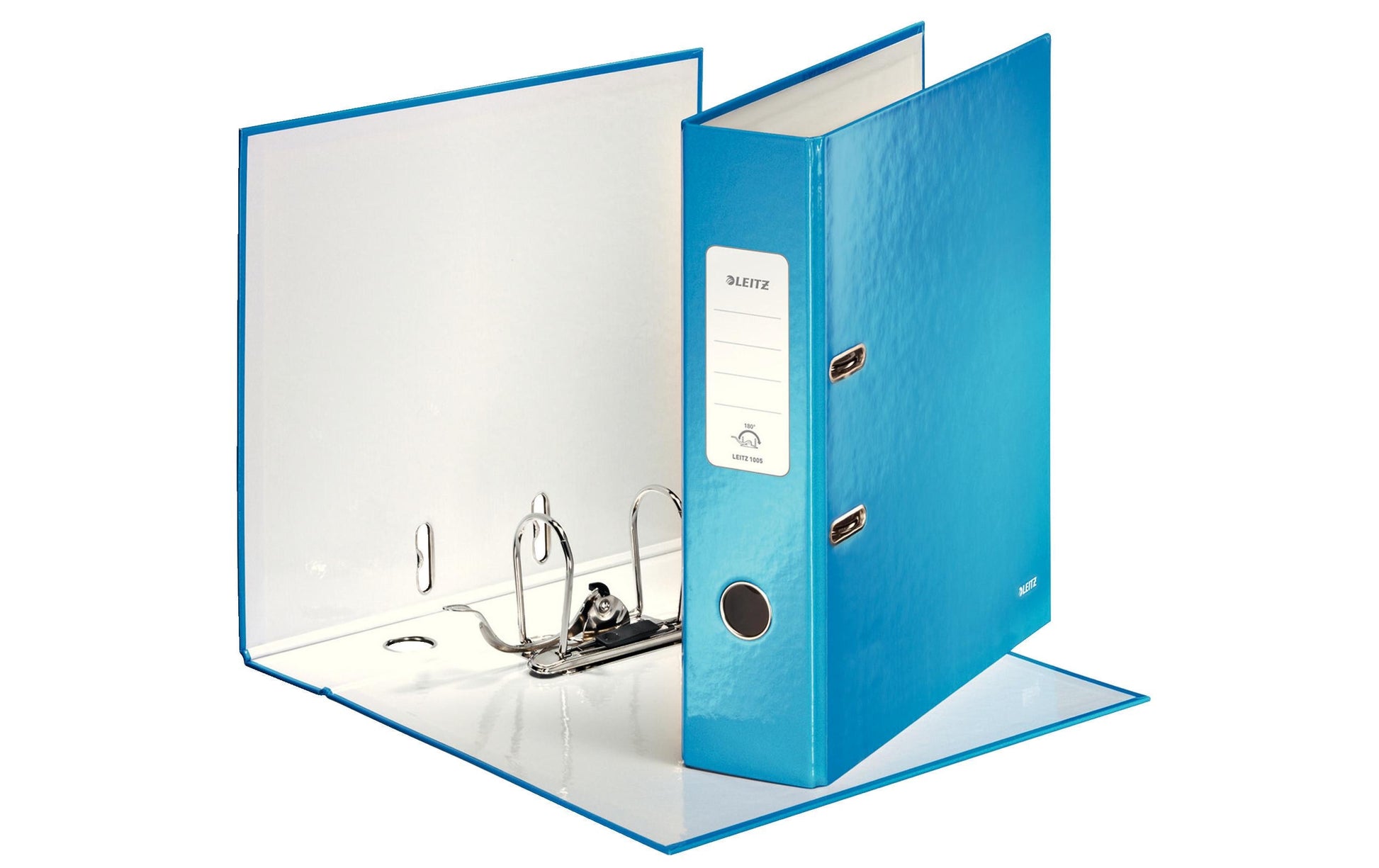 Leitz Ordner – A4 hoch – 2-Ring Hebelmechanik, Rücken 80 mm – blau, mit Niederhalter, mit Griffloch, FSC