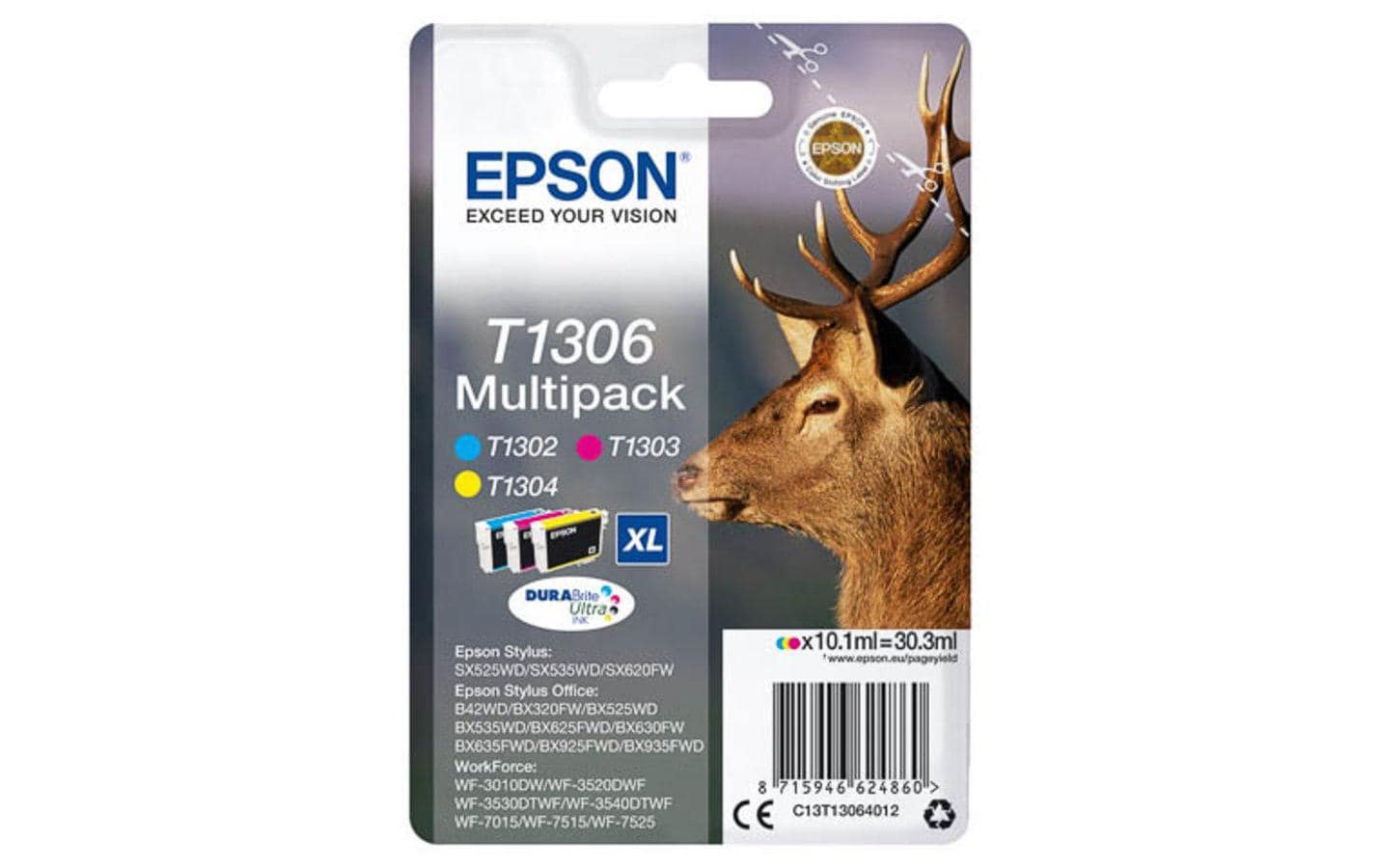 Epson Tintenpatronen-Multipack T1306, cyan, magenta, gelb, 765 Seiten, 3er-Pack – für diverse Modelle