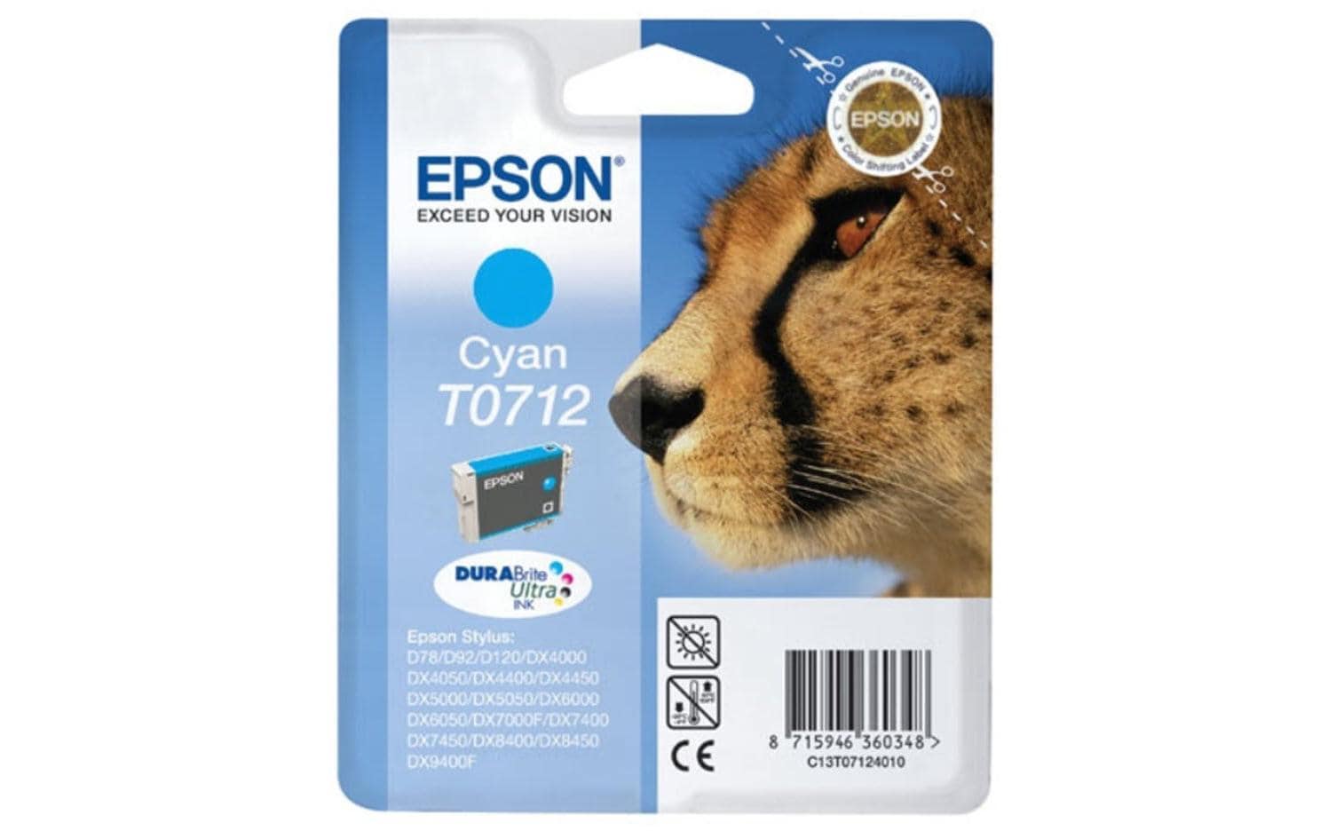 Epson Tintenpatrone T0712, cyan, 345 Seiten – für Inkjetdrucker/Multifunktionsgeräte