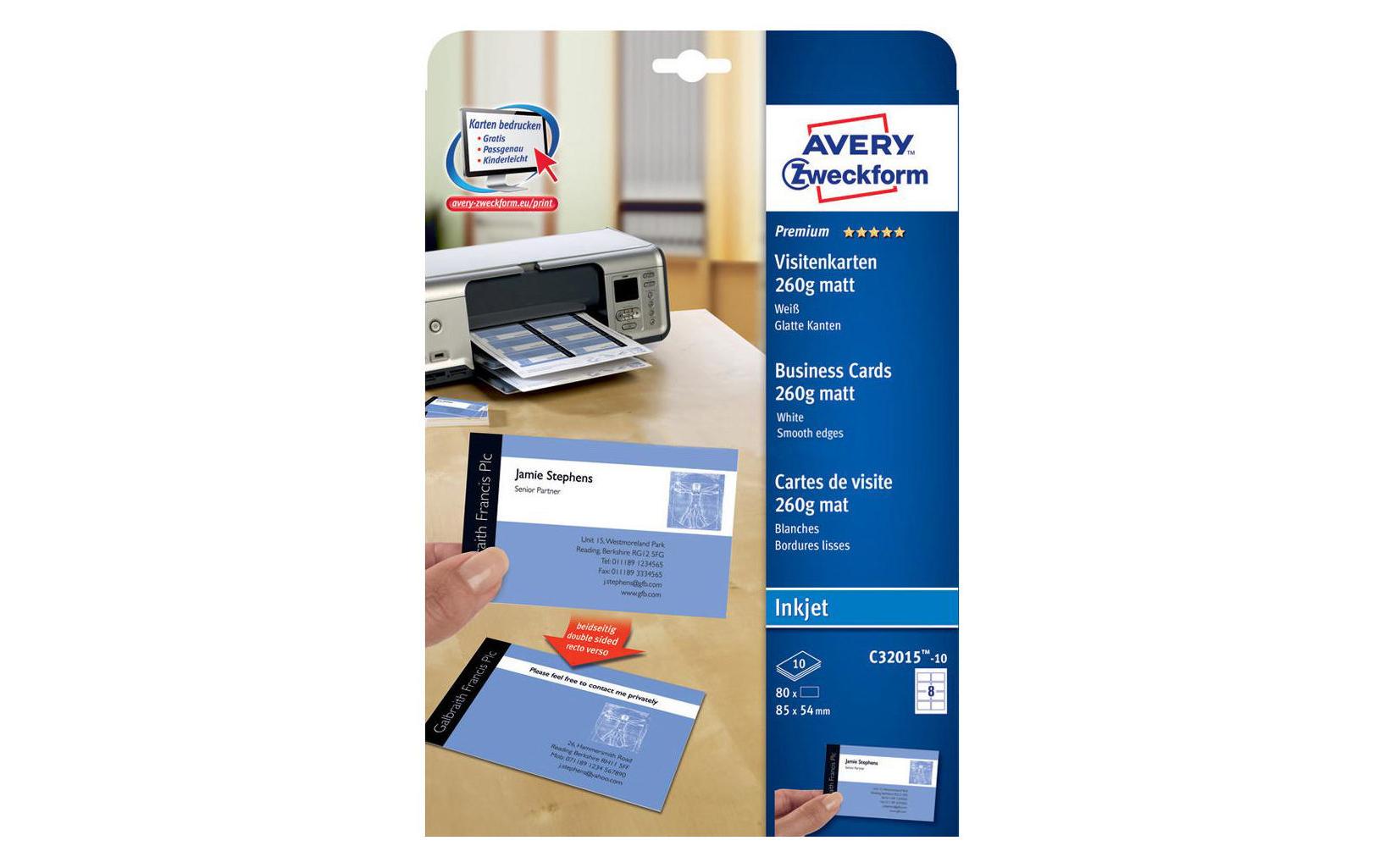 Avery Zweckform Visitenkarten, 85 × 54 mm – A4, 8 pro Blatt – 80 Karten – FSC-zertifiziert, beidseitig bedruckbar