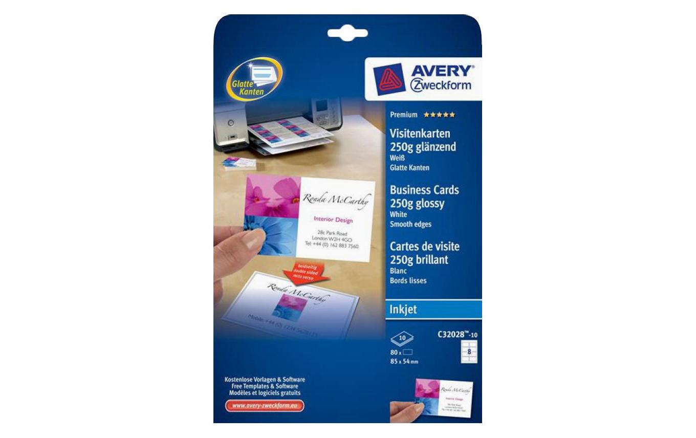 Avery Zweckform Visitenkarten – 85 × 54 mm, 240 g/m², für Inkjet, schnittglatt (ohne Perforation), 80 Karten