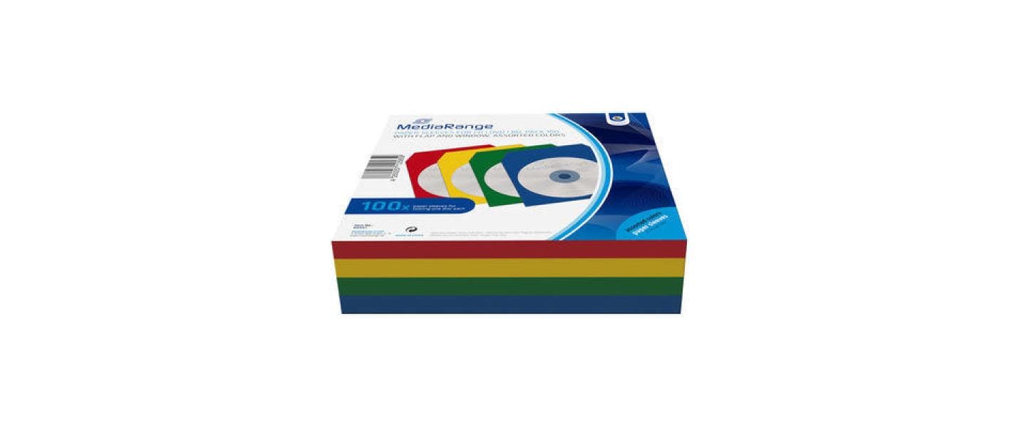 MediaRange CD-Tasche – 1 Disk, Papier, Mehrfarbig (Blau, Grün, Rot, Gelb), 125 × 125 mm, 100er Pack