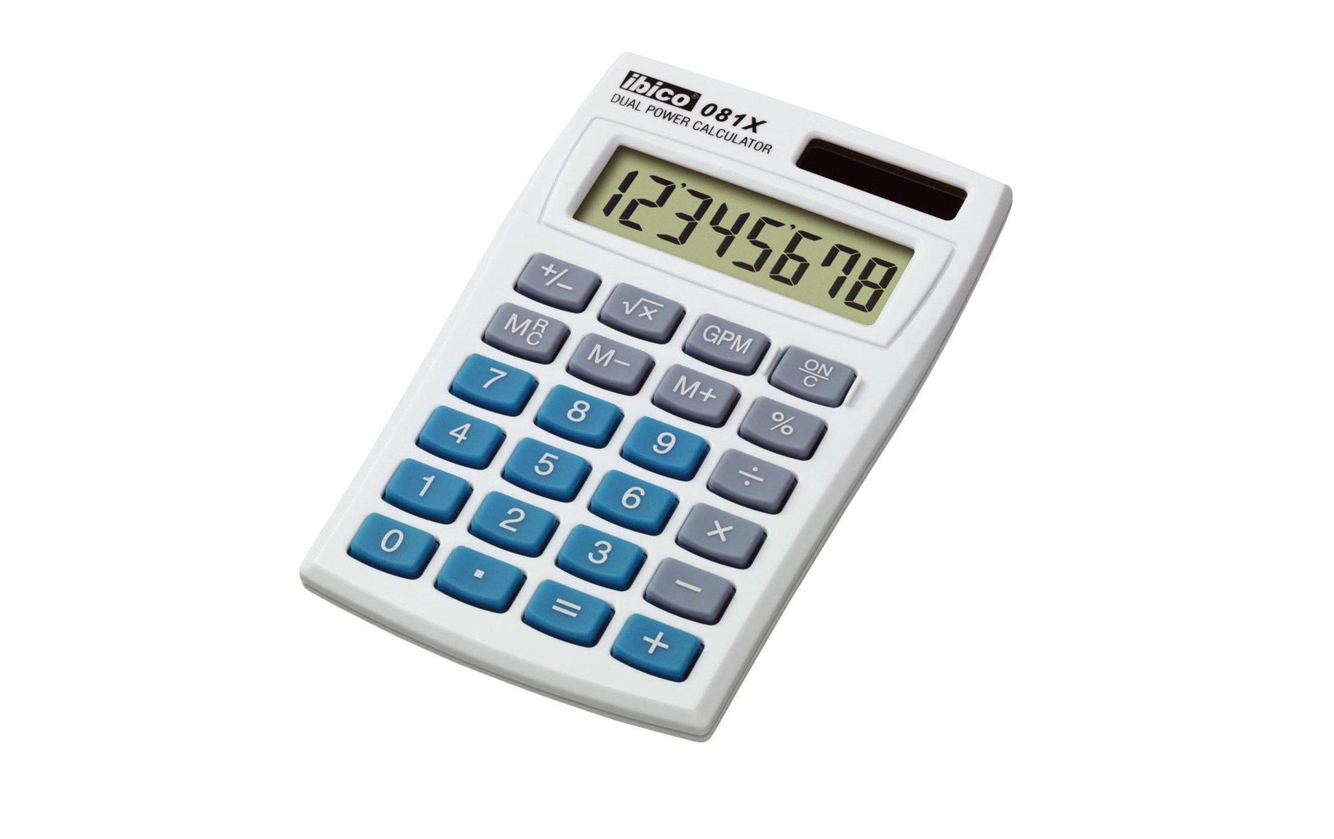 Ibico Taschenrechner 081X – 8-stellig, LCD, Solar + Batterie, Blau, 60×98×7 mm