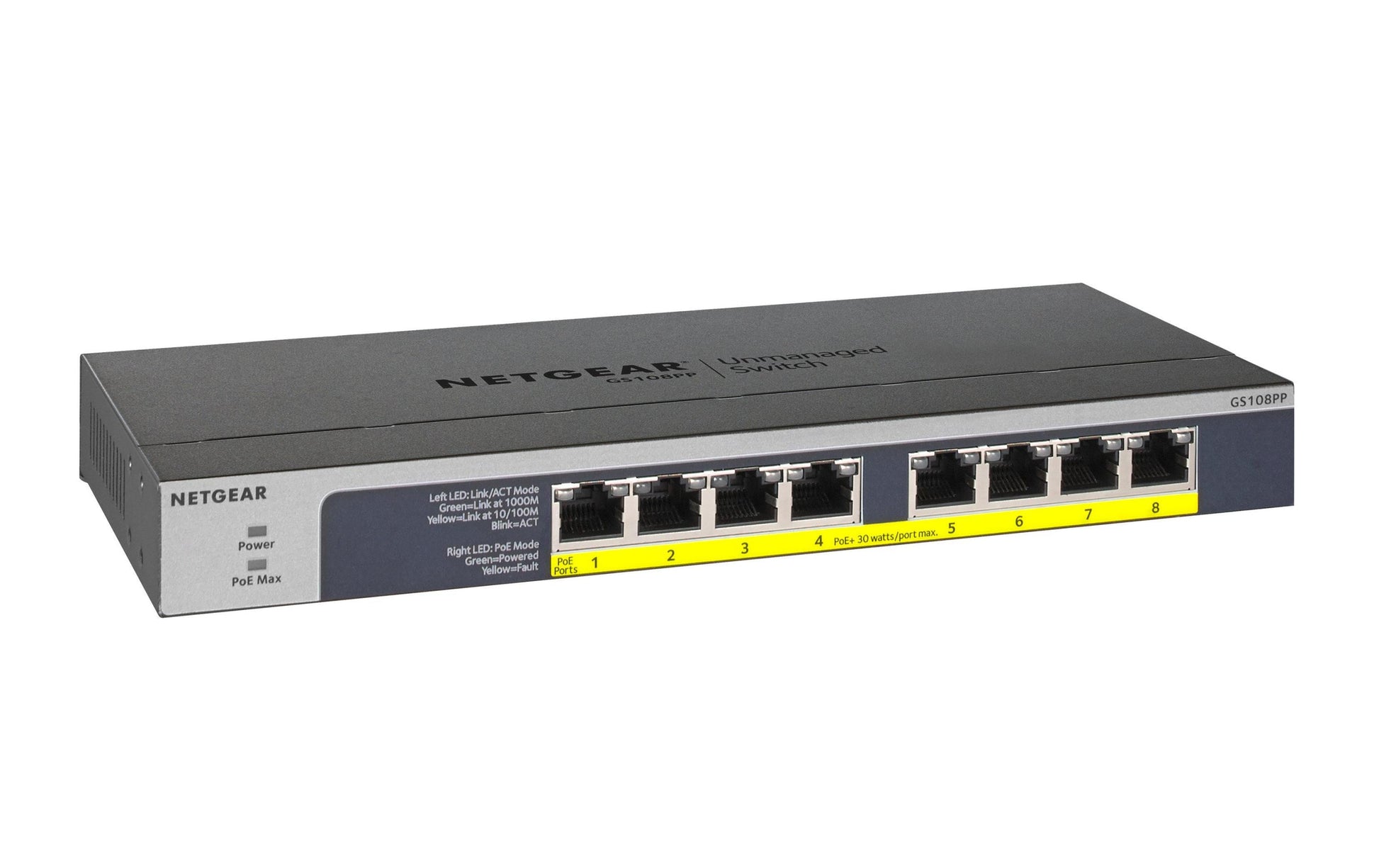 NETGEAR GS108PP – Switch – 8×GbE, PoE+ 123 W, 19" Rack