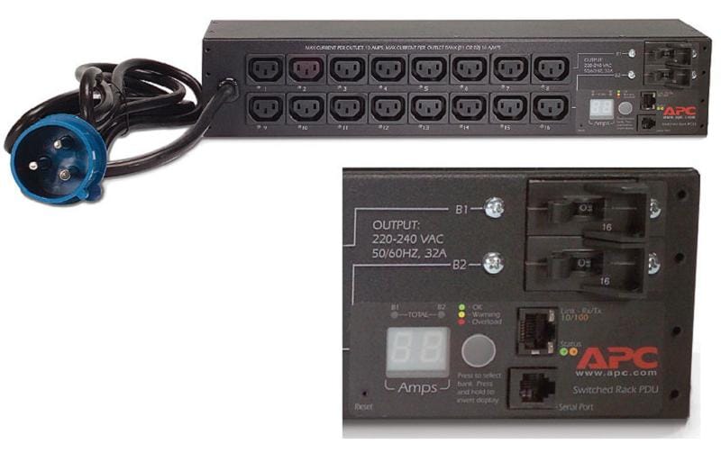 APC Rack-PDU – Geschaltet, Überwacht, 1-ph, Horizontal 2U, 32 A 230 V, 16×C13, IEC 60309, 3,05 m