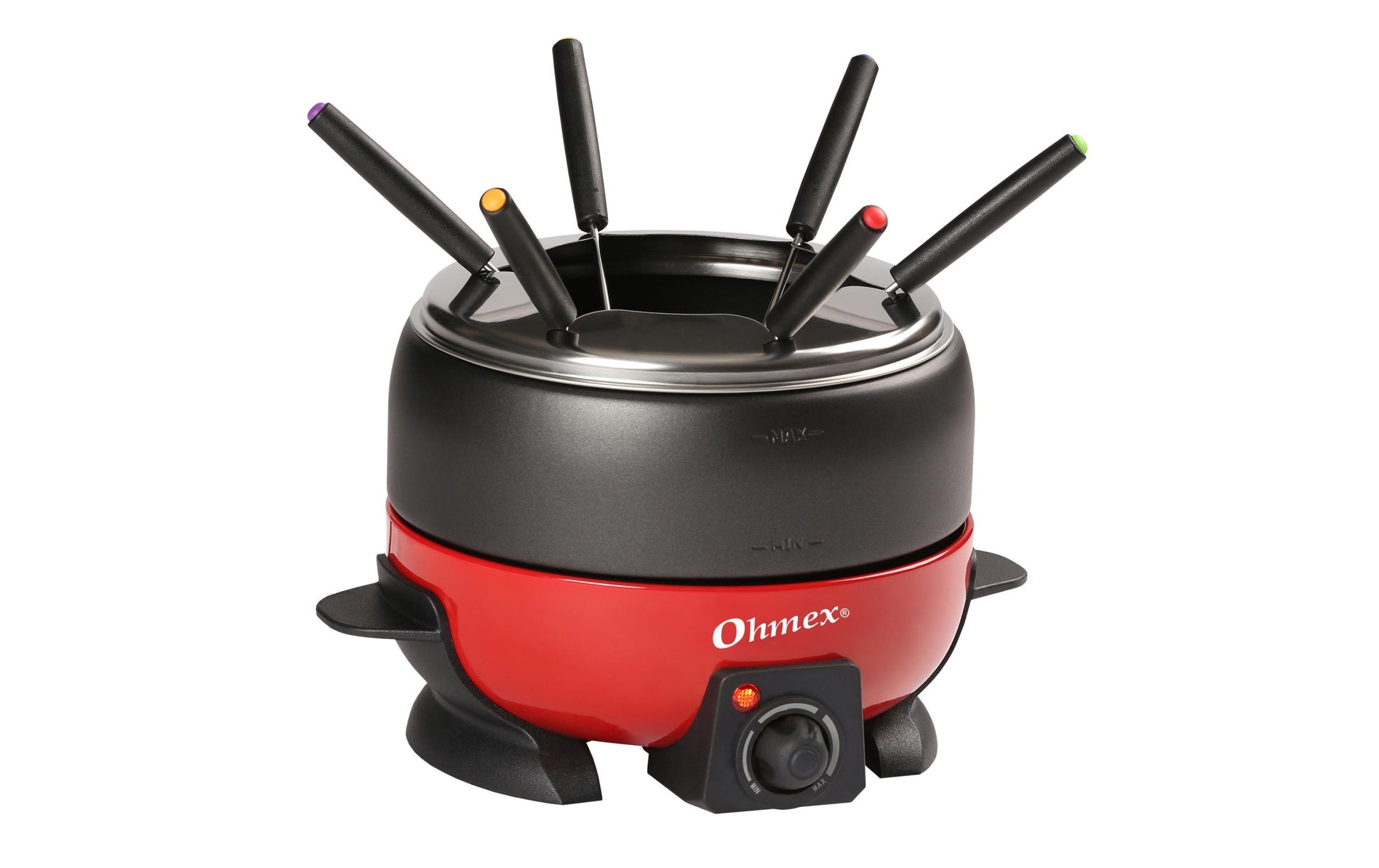 Ohmex Fondue-Set OHM-FND-1000G – Edelstahl, 2 l, 6 Personen, Netzbetrieb – schwarz/rot