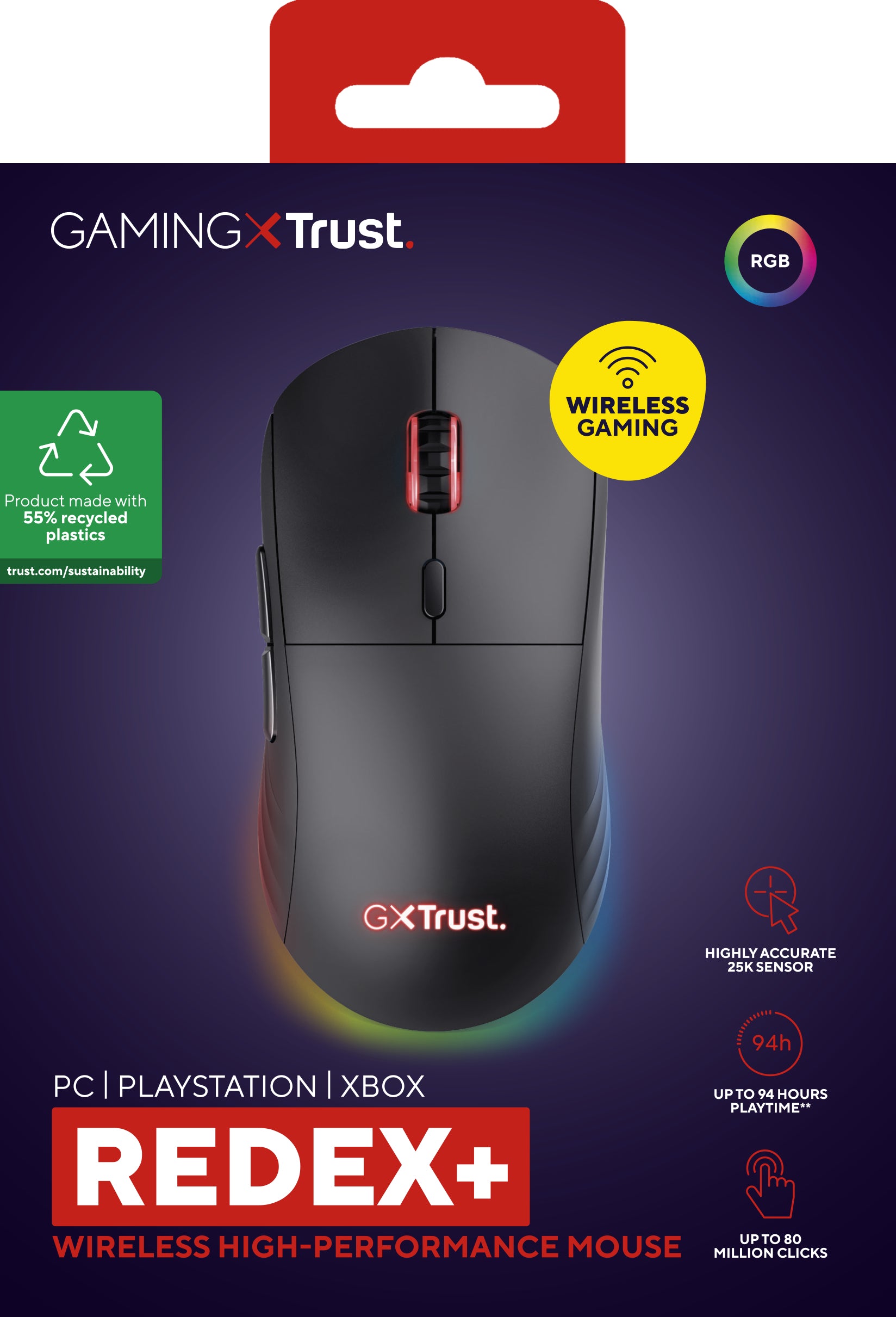Trust GXT 927 Redex+ – Gaming-Maus – Kabellos (2,4 GHz), 25600 DPI, RGB-Beleuchtung, Rechtshänder, Schwarz