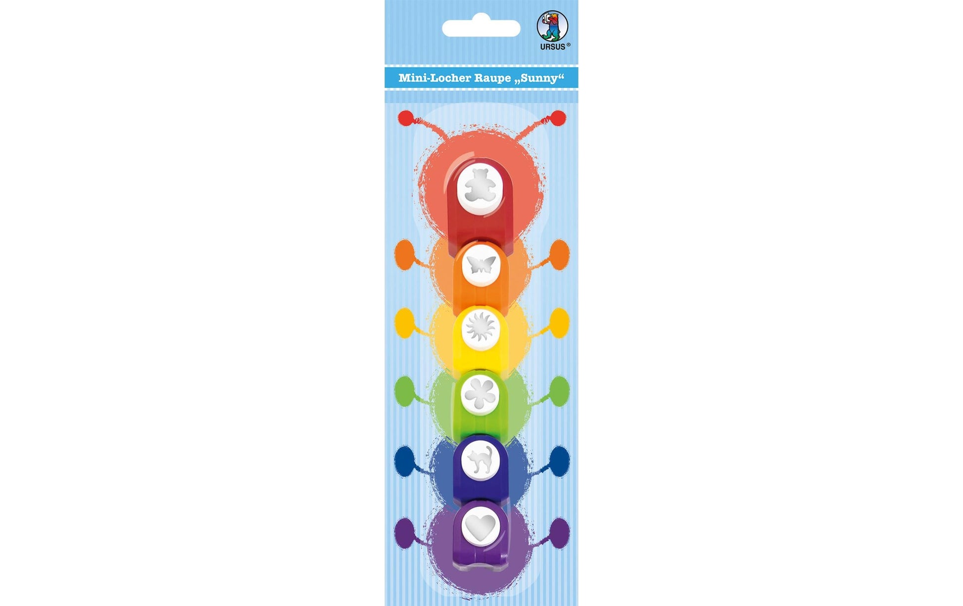 URSUS Raupe Sunny – Motivstanzer, Ø 9,5 mm (5×), Ø 12,7 mm (1×), farbig sortiert, 6er Set