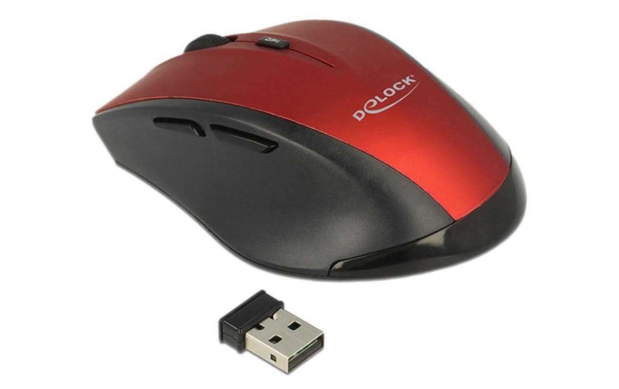 DeLOCK 12493 Maus – kabellos, 2,4 GHz, USB-A, 5 Tasten, für Rechtshänder, umschaltbare DPI, Rot