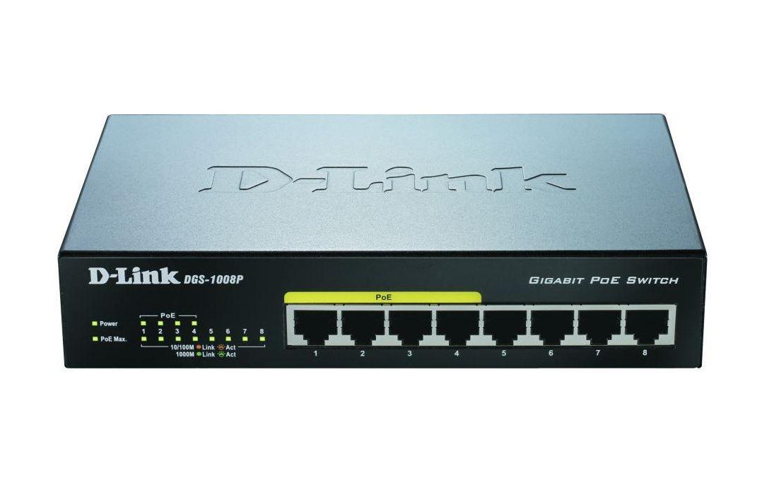D-Link DGS-1008P – Unmanaged L2 Switch – 8× 1G, 4× PoE+, PoE Budget 60 W, Desktop