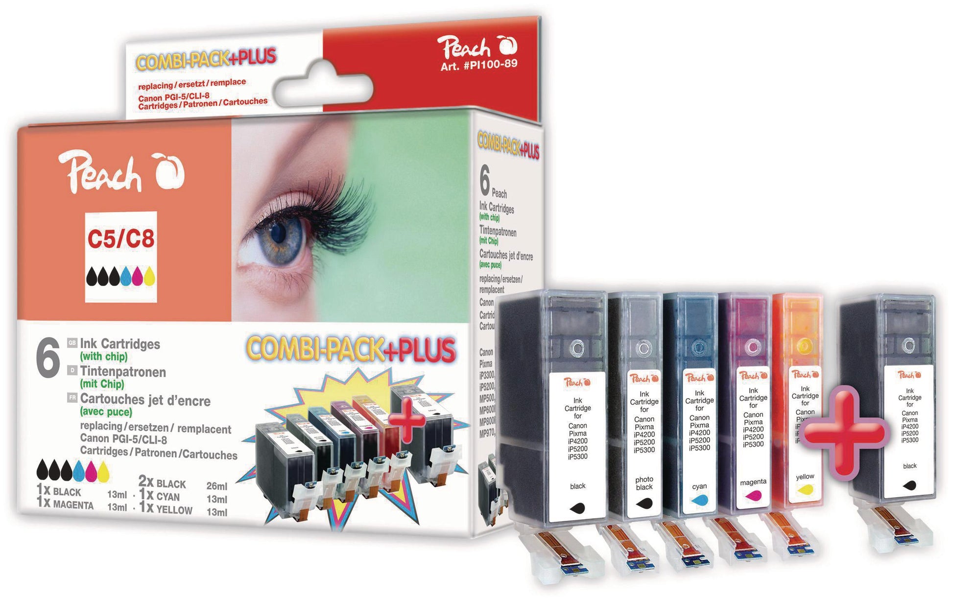Peach Tintenpatronen-Multipack CLI-8/PGI-5, CMYK, 2er-Pack, kompatibel – für Canon Pixma iP5200, MP600, MP970
