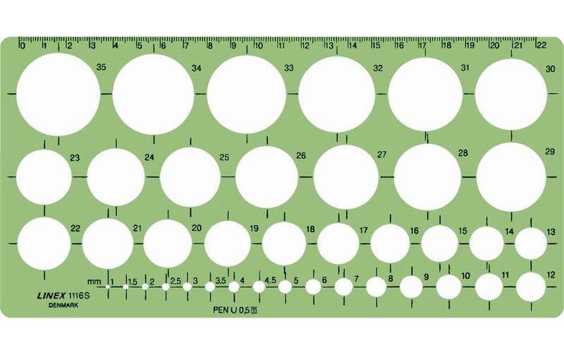 Linex Kreisschablone – Ø 1–35 mm, mit Tuschenoppen, 240 × 120 mm, Kunststoff, grün