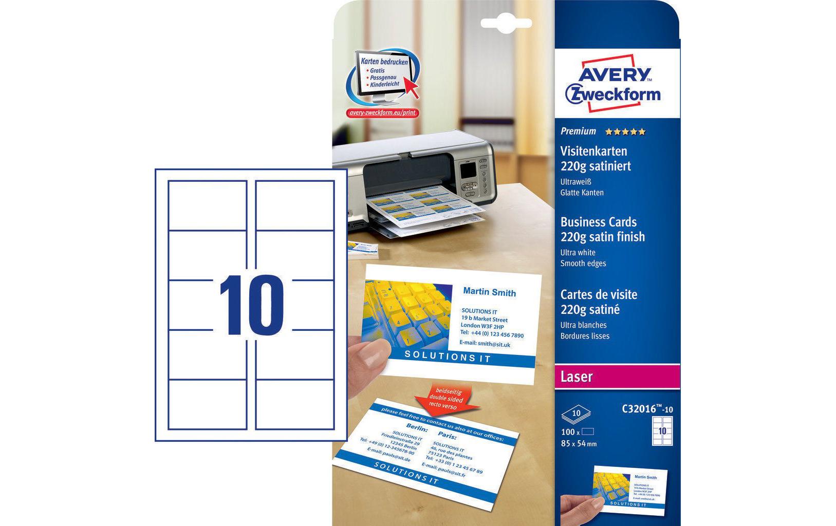 Avery Zweckform Quick&Clean Visitenkarten – 85 × 54 mm, schnittglatt (ohne Perforation), 100 Karten