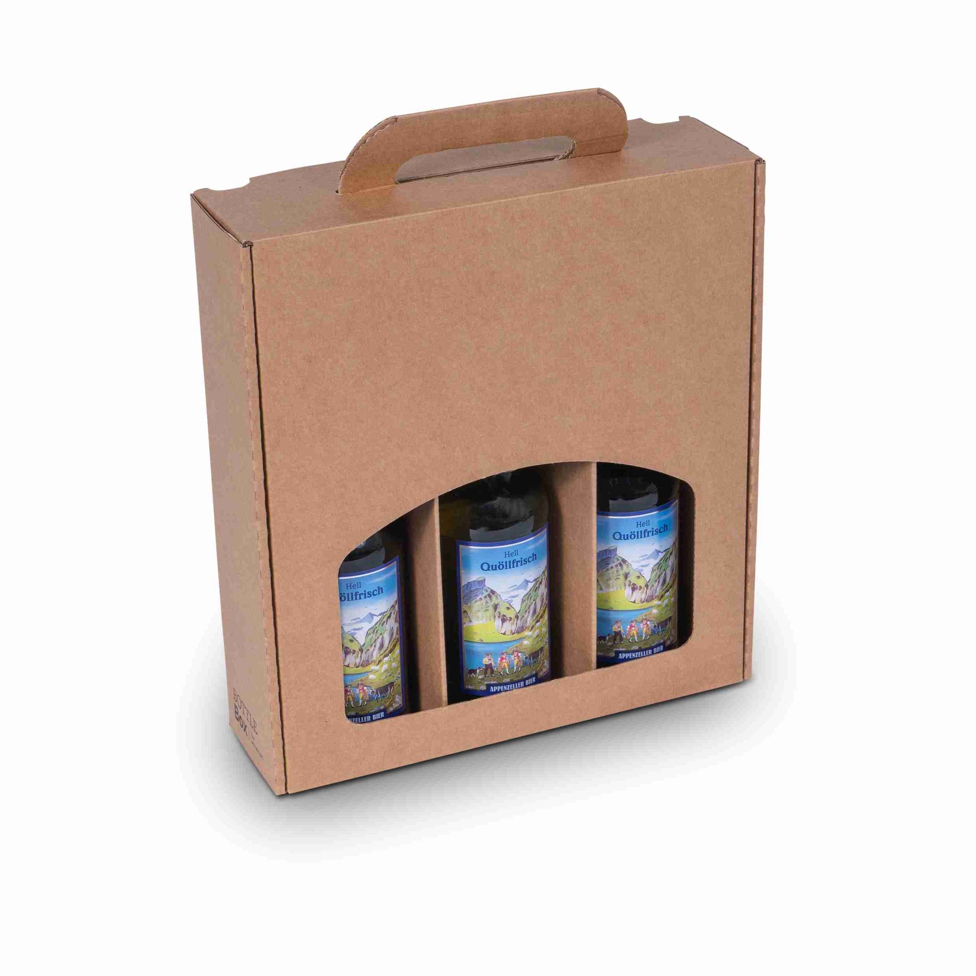 Präsentkarton Wellkarton braun – Innenmass 278 × 73 × 245 mm – für 3 × 0,5 l oder 4 × 0,33 l Flaschen – 1 Stk., ab 20 Stk.