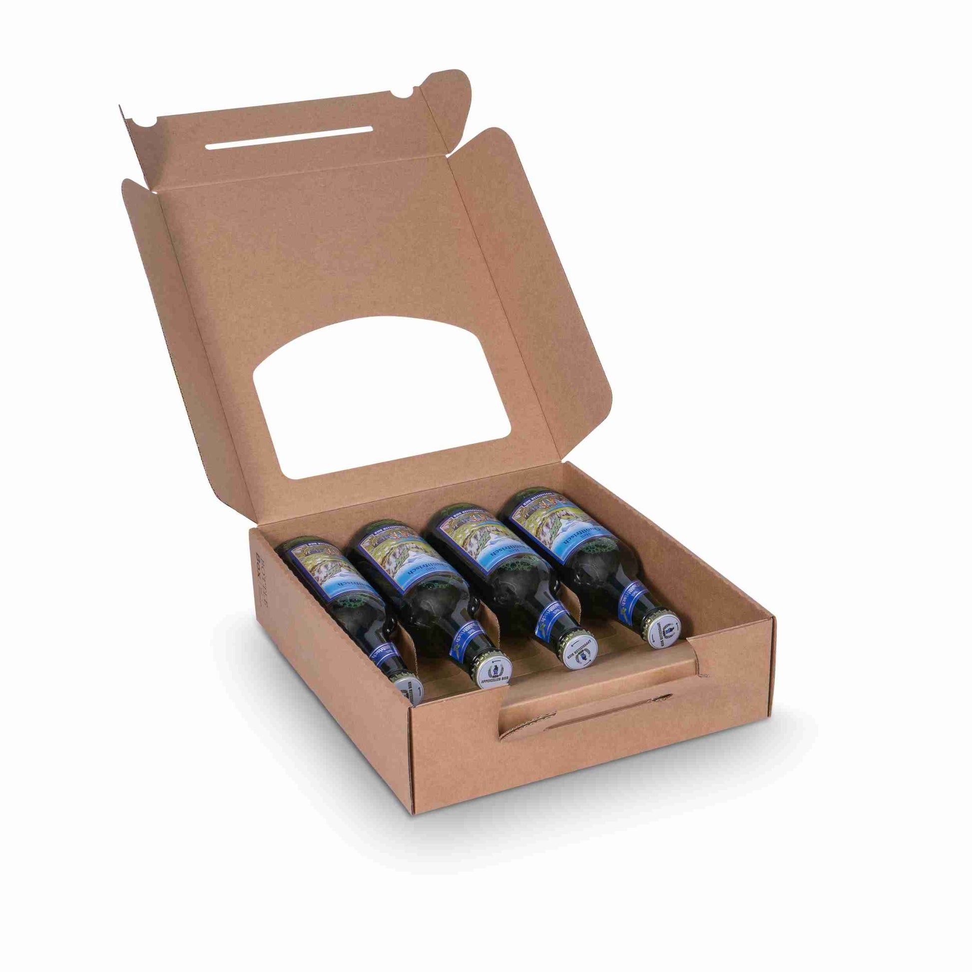 Model Weinpräsentkarton braun – für 3 × 0,5 l oder 4 × 0,3 l Flaschen (H 230–276 mm, Ø ≤ 70 mm) – 1 Stk., ab 200 Stk.