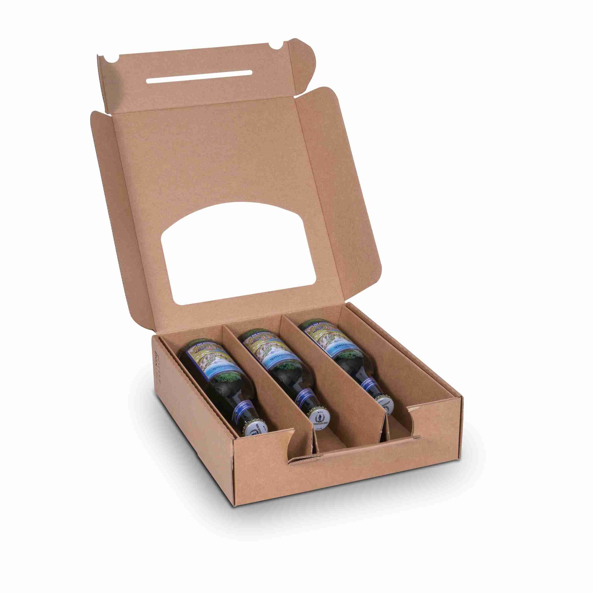 Model Weinpräsentkarton braun – für 3 × 0,5 l oder 4 × 0,3 l Flaschen (H 230–276 mm, Ø ≤ 70 mm) – 1 Stk., ab 200 Stk.