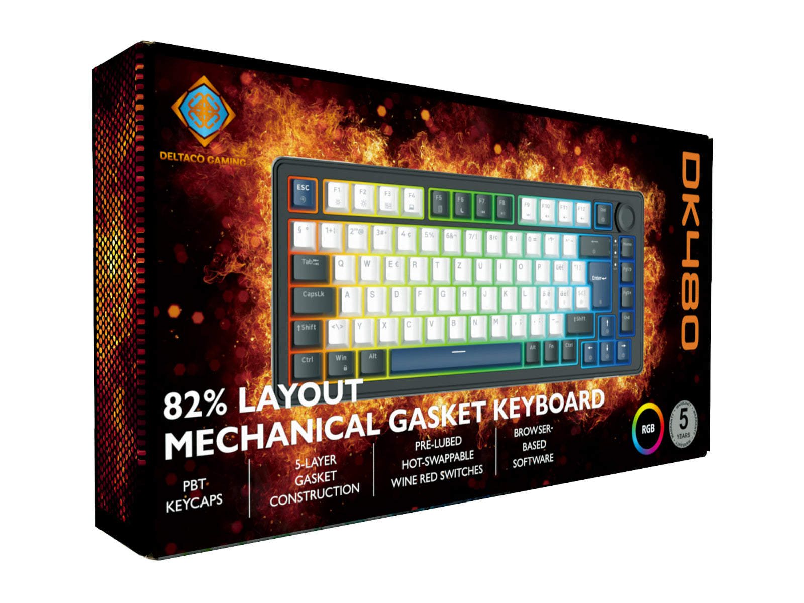 Deltaco Gaming DK480 – Gaming-Tastatur 75% – Mechanisch – Kabelgebunden (USB-C) – QWERTZ (CH) – RGB, Hot-Swap