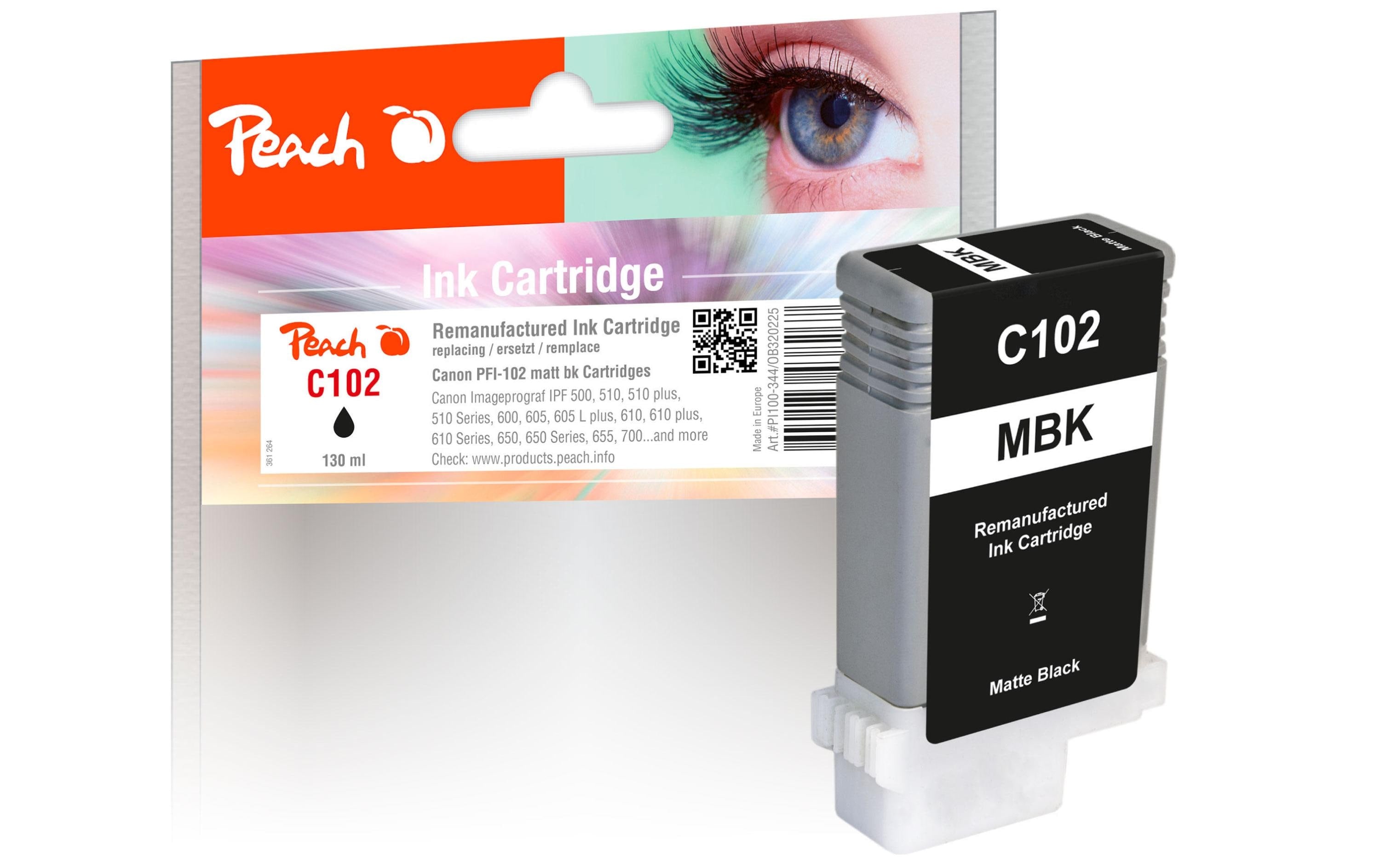 Peach Tintenpatrone PFI-102, Schwarz, 130 ml – für Canon imagePROGRAF IPF 500, IPF 510, IPF 600 und andere