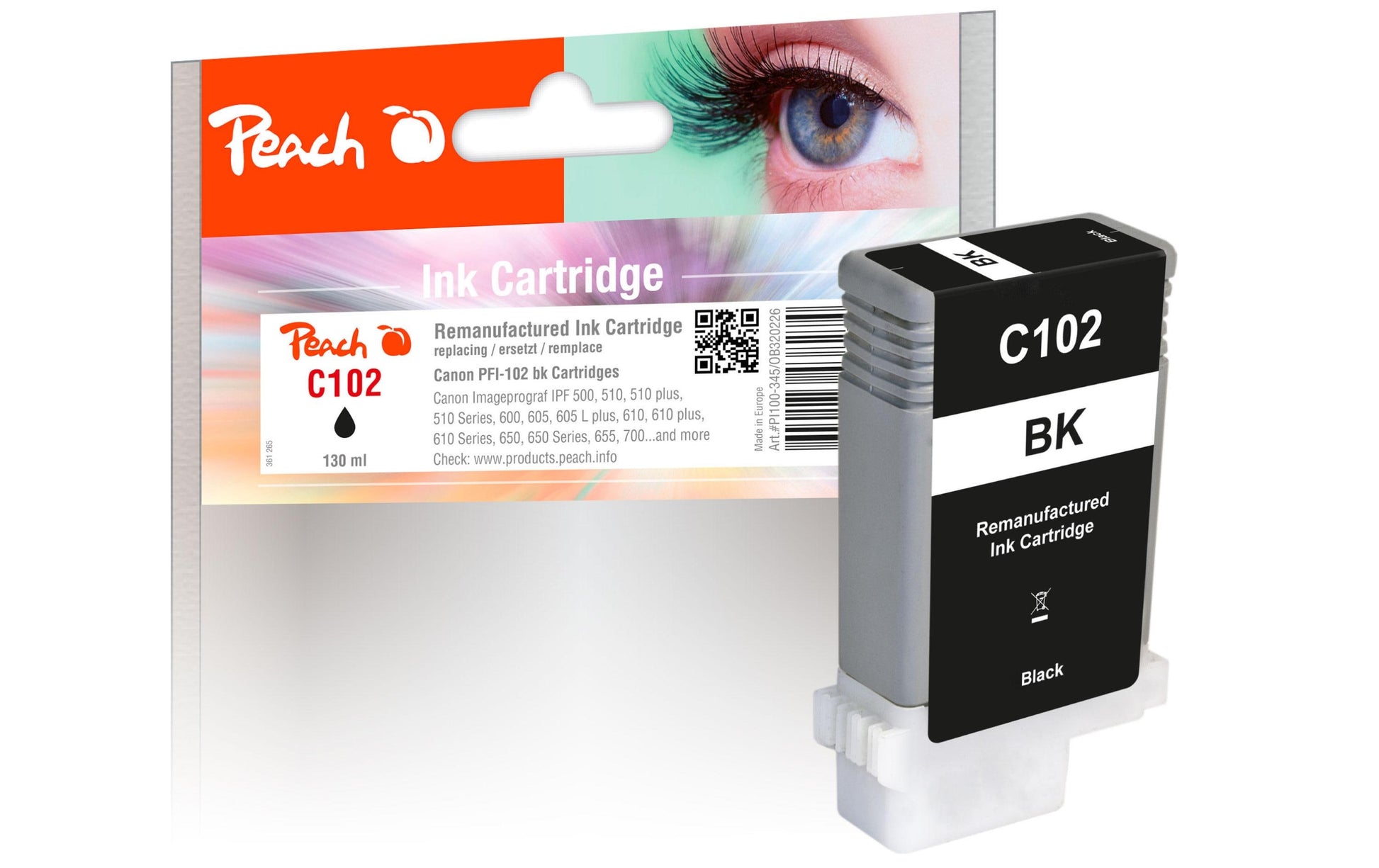 Peach Tintenpatrone PFI-102BK, schwarz, 130 ml, kompatibel – für Canon imagePROGRAF IPF 500/510/510 plus und andere