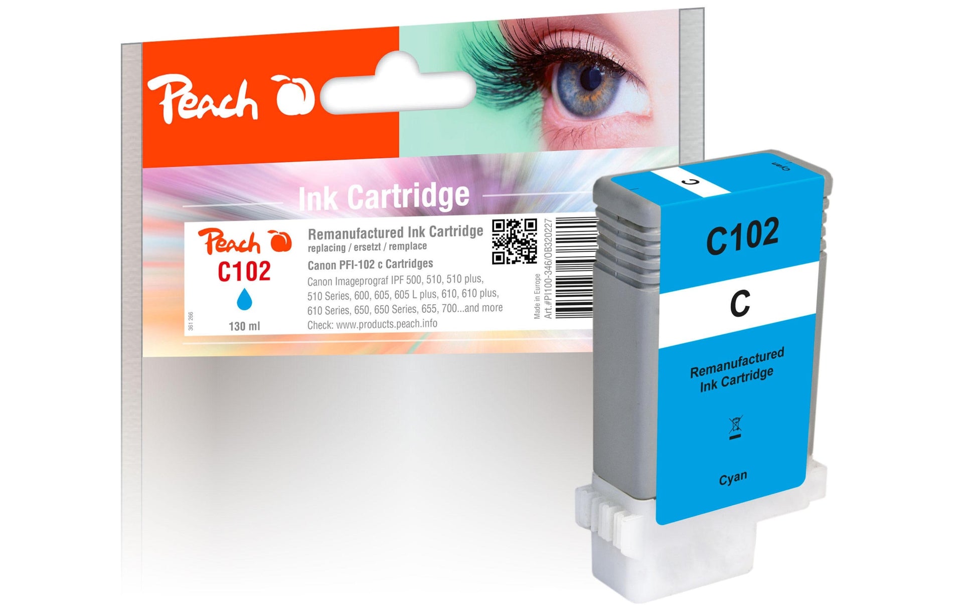 Peach PFI-102CXL Cyan Tintenpatrone (Kompatibel) – 130 ml – für Canon imagePROGRAF IPF 500/510/600… – PFI-102C