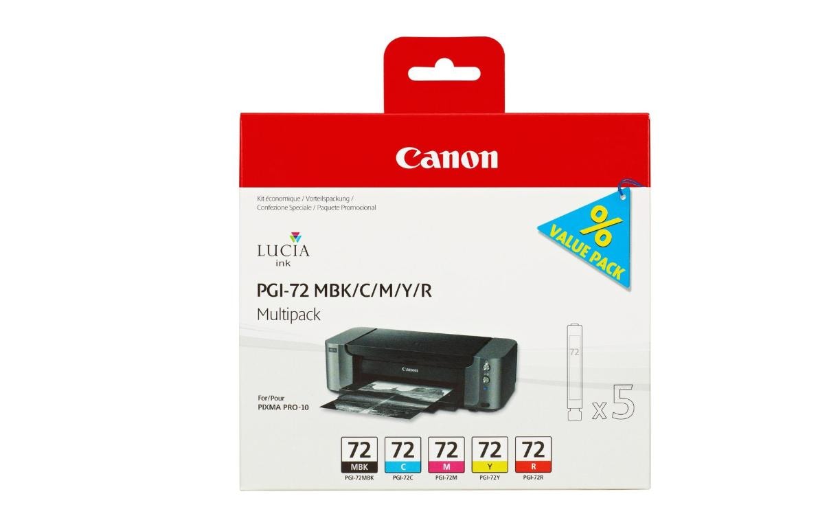 Canon Tintenpatronen-Multipack PGI-72 (MBK/C/M/Y/R), 5er-Pack – für Canon-Drucker