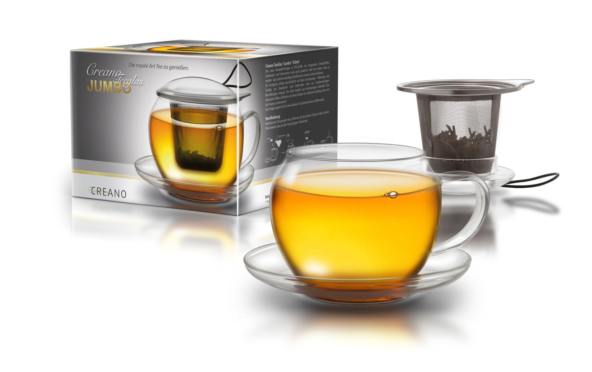 Creano Teeglas – 4er Set, 445 ml, Glas/Edelstahl, mit Glasdeckel, spülmaschinenfest