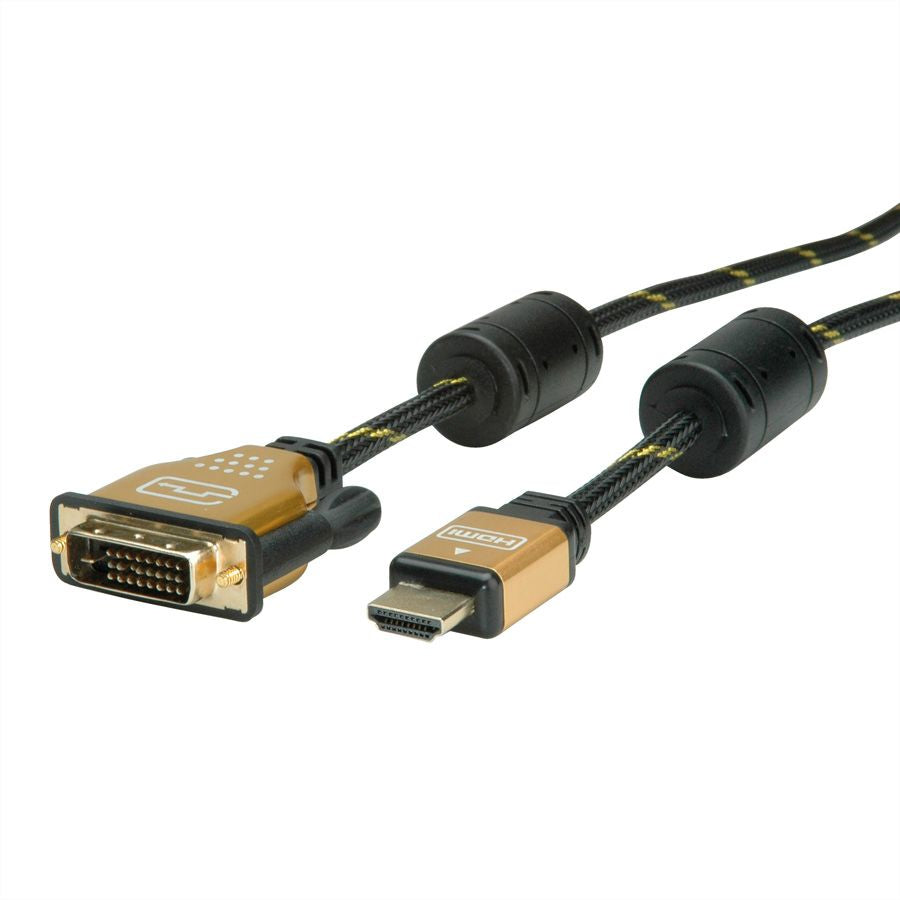 ROLINE DVI-D auf HDMI Kabel 4K 30 Hz – 7,5 m – geflochten – Schwarz/Gold – für Monitor, TV, Beamer