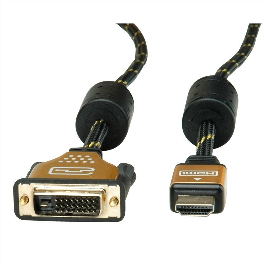 ROLINE DVI-D auf HDMI Kabel 4K 30 Hz – 10 m – geflochten – Schwarz/Gold – für Monitor, TV, Beamer