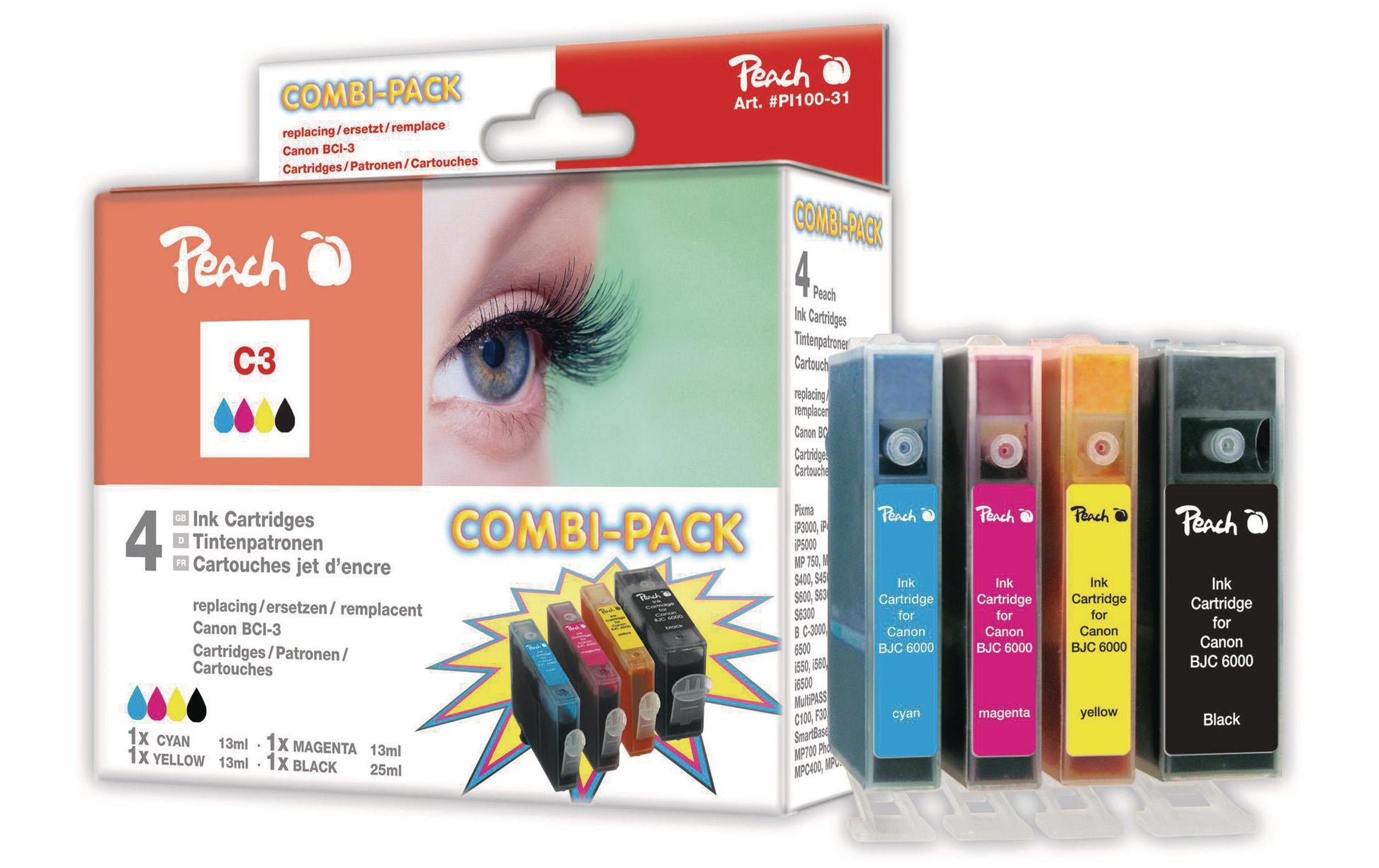 Peach BCI-3e Tintenpatronen-Multipack, Schwarz/Cyan/Magenta/Gelb (Kompatibel) – für Canon BJC 3000/6000 …