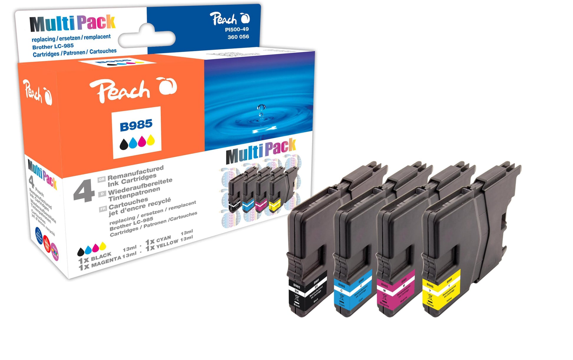 Peach Tintenpatronen-Multipack LC-985, CMYK, XL, kompatibel – für Brother MFC-J265W, DCP-J125, MFC-J220 und andere