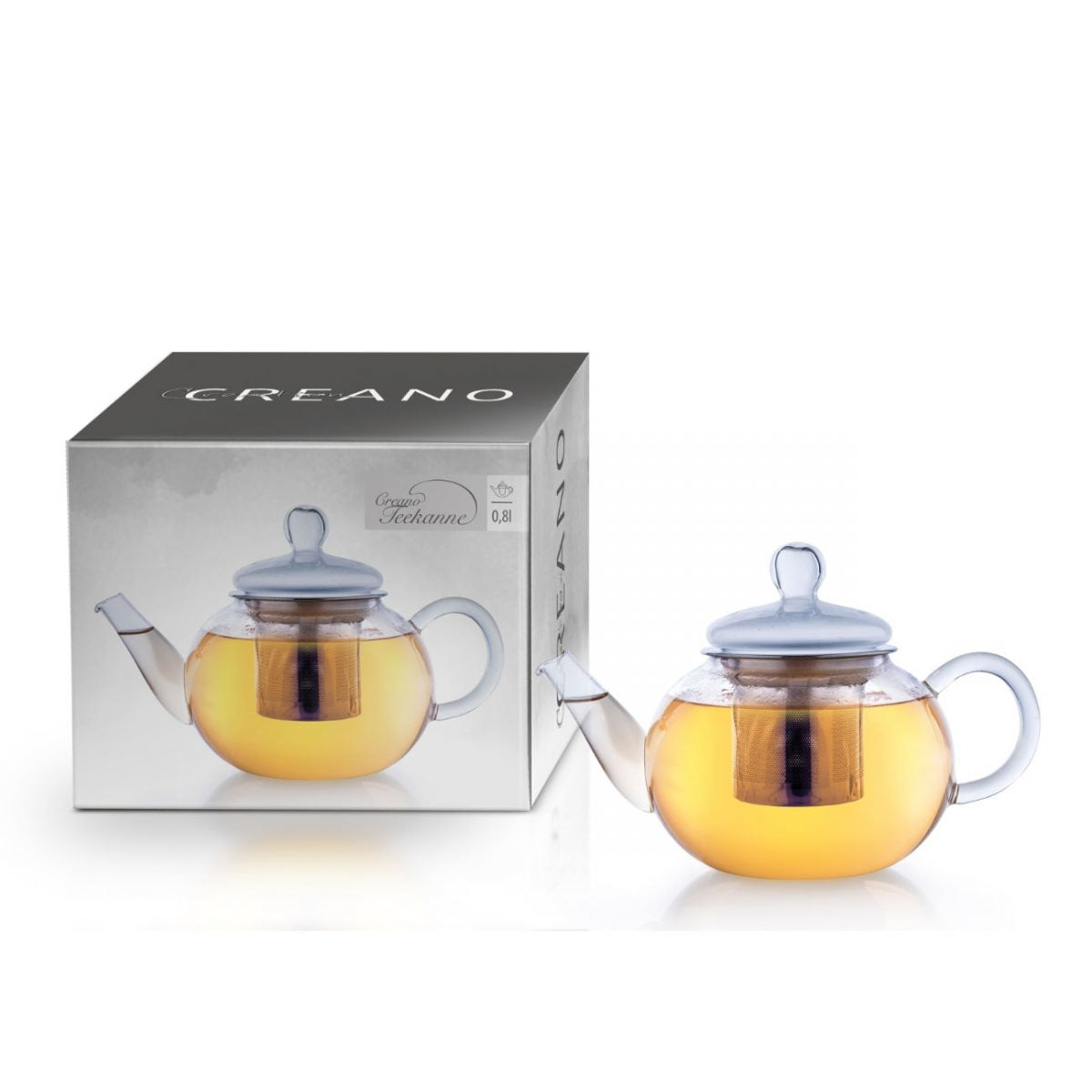 Creano Teekanne – 800 ml, Borosilikatglas, transparent, mit Glasdeckel, Edelstahlfilter, spülmaschinenfest