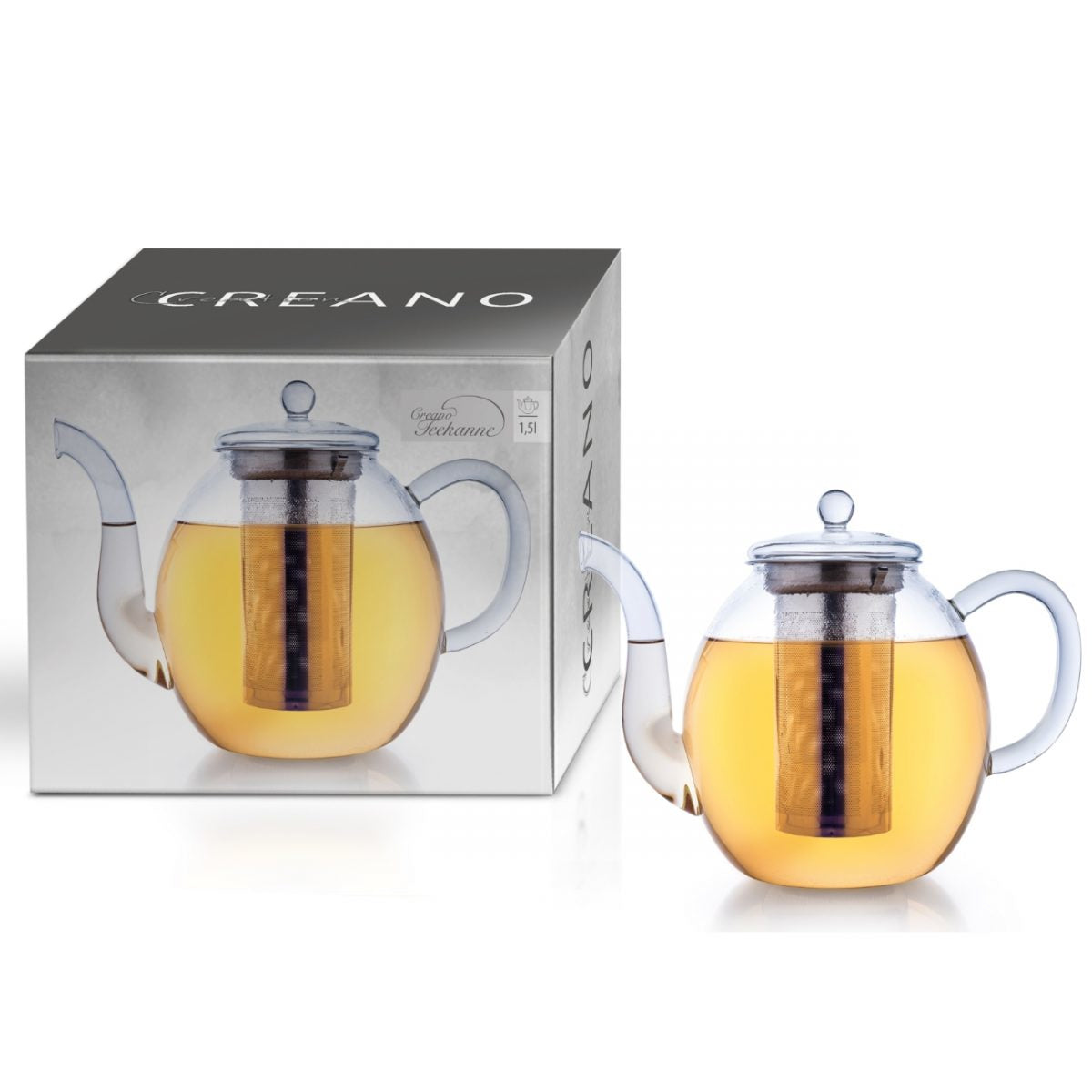 Creano Teekanne – 1,5 l, Borosilikatglas, mit Glasdeckel, Teefilter (Edelstahl), spülmaschinenfest