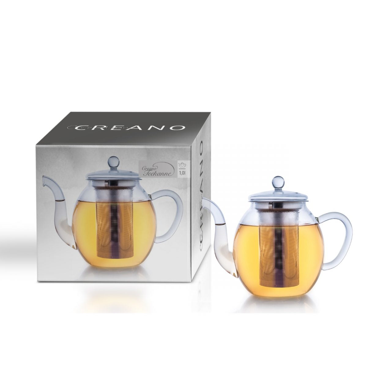 Creano Teekanne – 1 l, Borosilikatglas, Transparent, mit Glasdeckel, Edelstahl-Teefilter, spülmaschinenfest