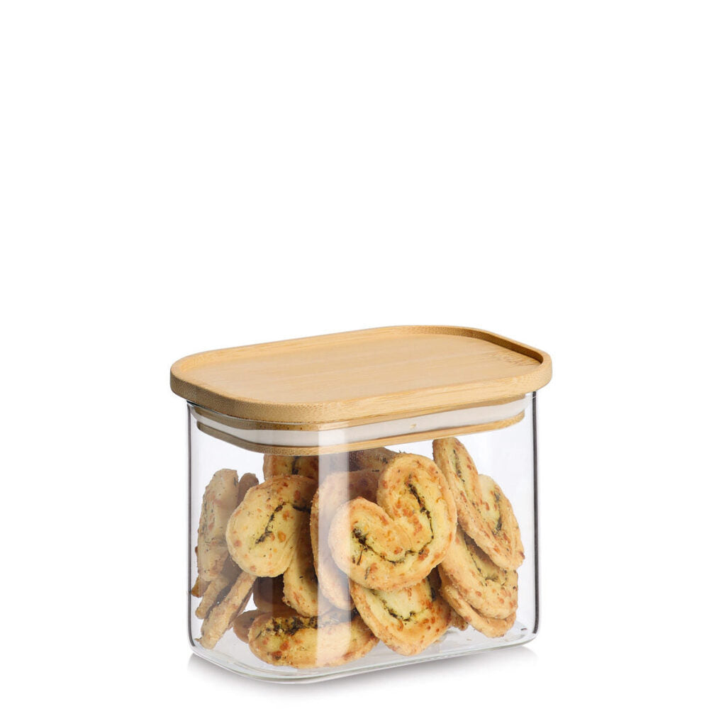 Zeller Present Vorratsdose 600 ml, 12,8 × 9 × 10 cm, Glas (Borosilikat)/Bambus, transparent/braun