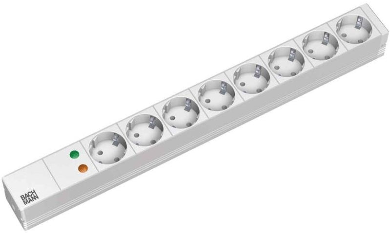 Bachmann Rack-PDU 19" 1U, einphasig 3,6 kW, 8×T13, Eingang Schutzkontaktwinkelstecker, 2 m – grau