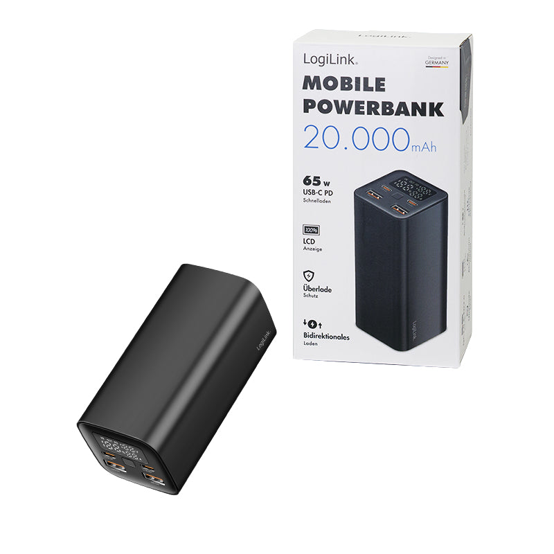 LogiLink Powerbank 20'000 mAh – 65 W PD, 2× USB-C, 2× USB-A, schwarz