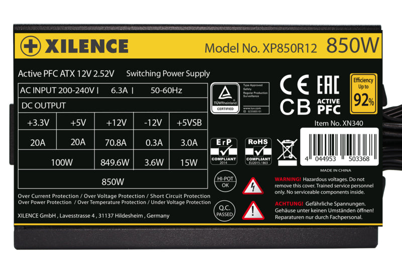 Xilence XP850R12 ATX-Netzteil 850 W 80 PLUS Gold – nicht-modular, ATX 2.52, PCIe 6+2-pin×3, SATA×6