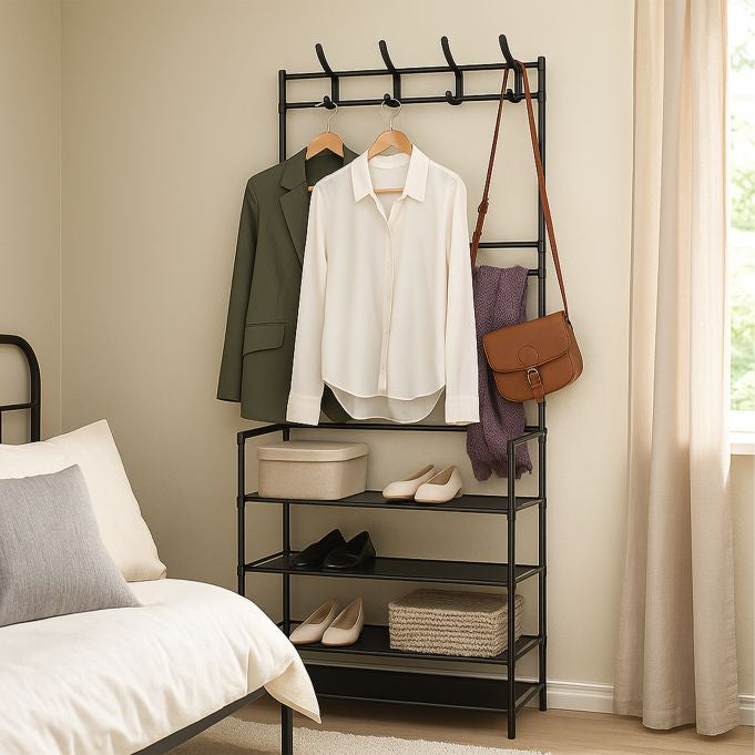 Relaxdays Garderobenständer – 8 Haken, mit Ablage, Stahl, Schwarz, 60 × 26 × 155 cm