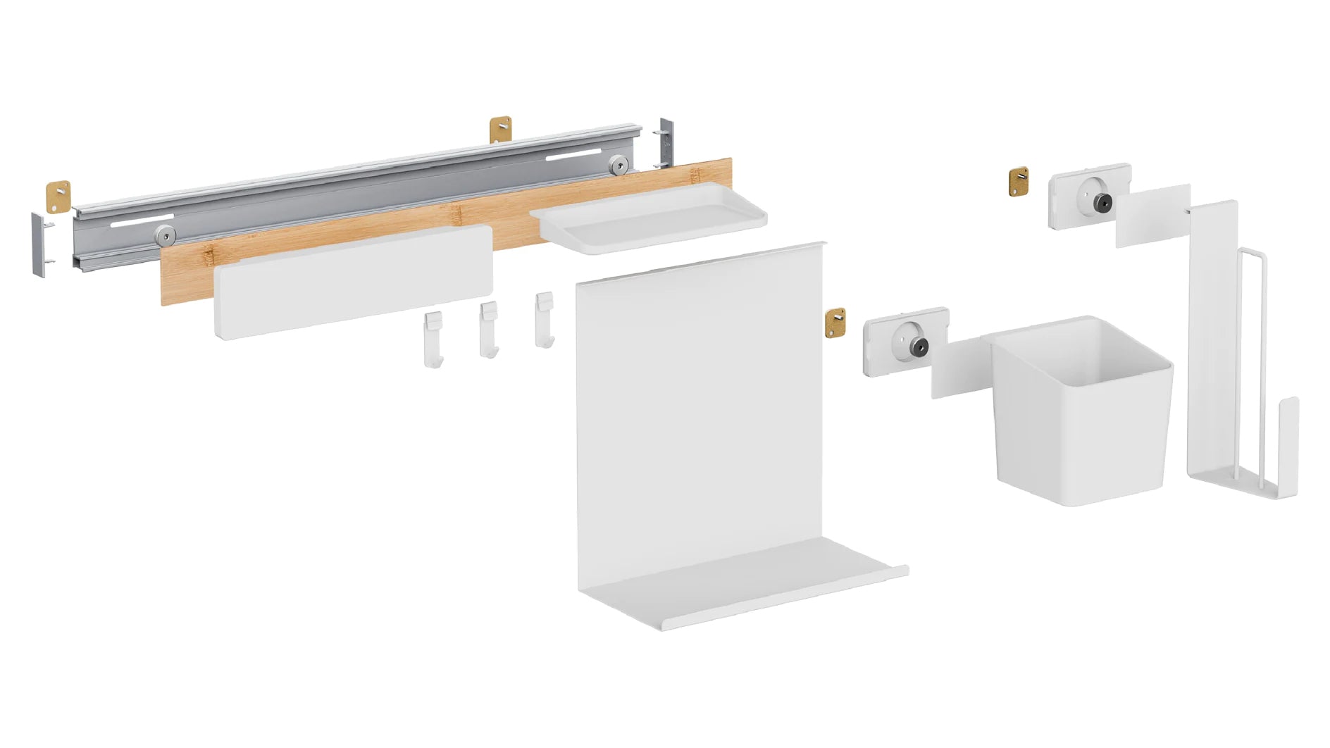 TESA Küchenorganizer Kombi-Set L – für Küchenreling aus Aluminium – weiss & Bambus – 86,5 × 34 × 14 cm
