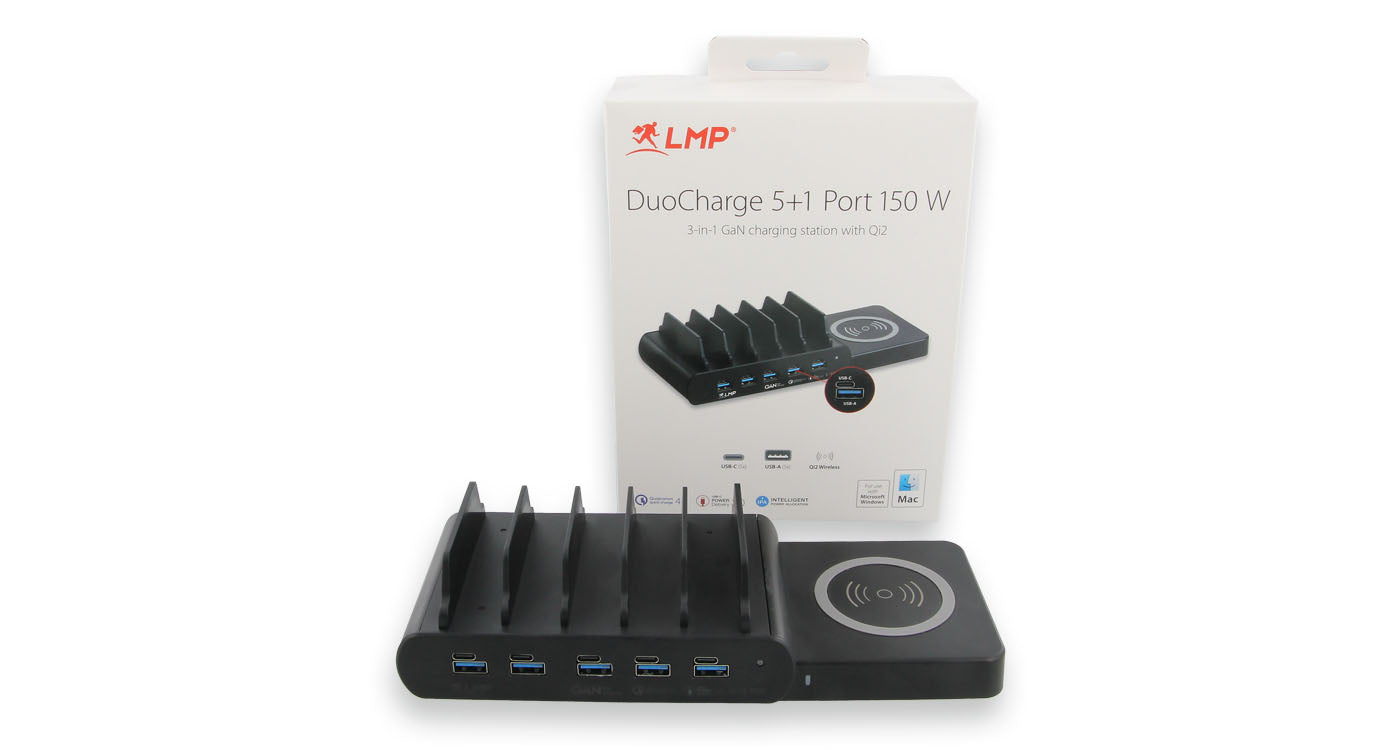 LMP DuoCharge USB-Desktop-Ladegerät 150 W – USB-C×5, USB-A×1 – GaN, Qi2-Ladepad – Schwarz