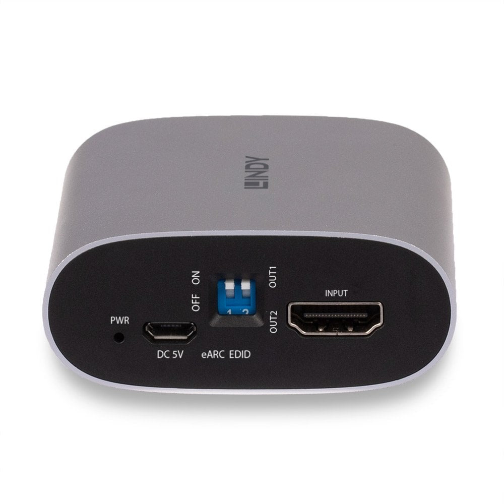 Lindy 38368 – HDMI eARC Extractor, 1× HDMI In / 2× HDMI Out, 4K@60 Hz, HDMI 2.0b, HDCP 2.2