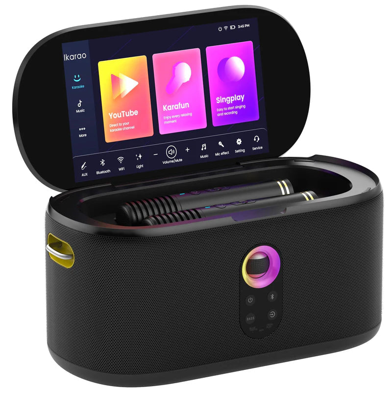 Ikarao Shell S1 – Party-Lautsprecher – 280 W, LED, 8 h Akku, inkl. 2 kabellose Mikrofone – Schwarz