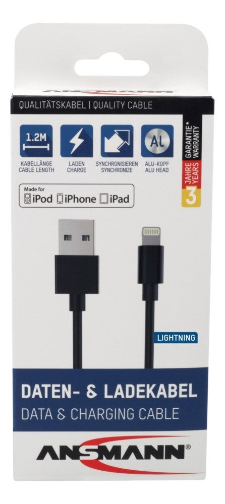 Ansmann Daten- & Ladekabel – USB-A auf Lightning 1,2 m, MFi zertifiziert – für iPhone/iPad