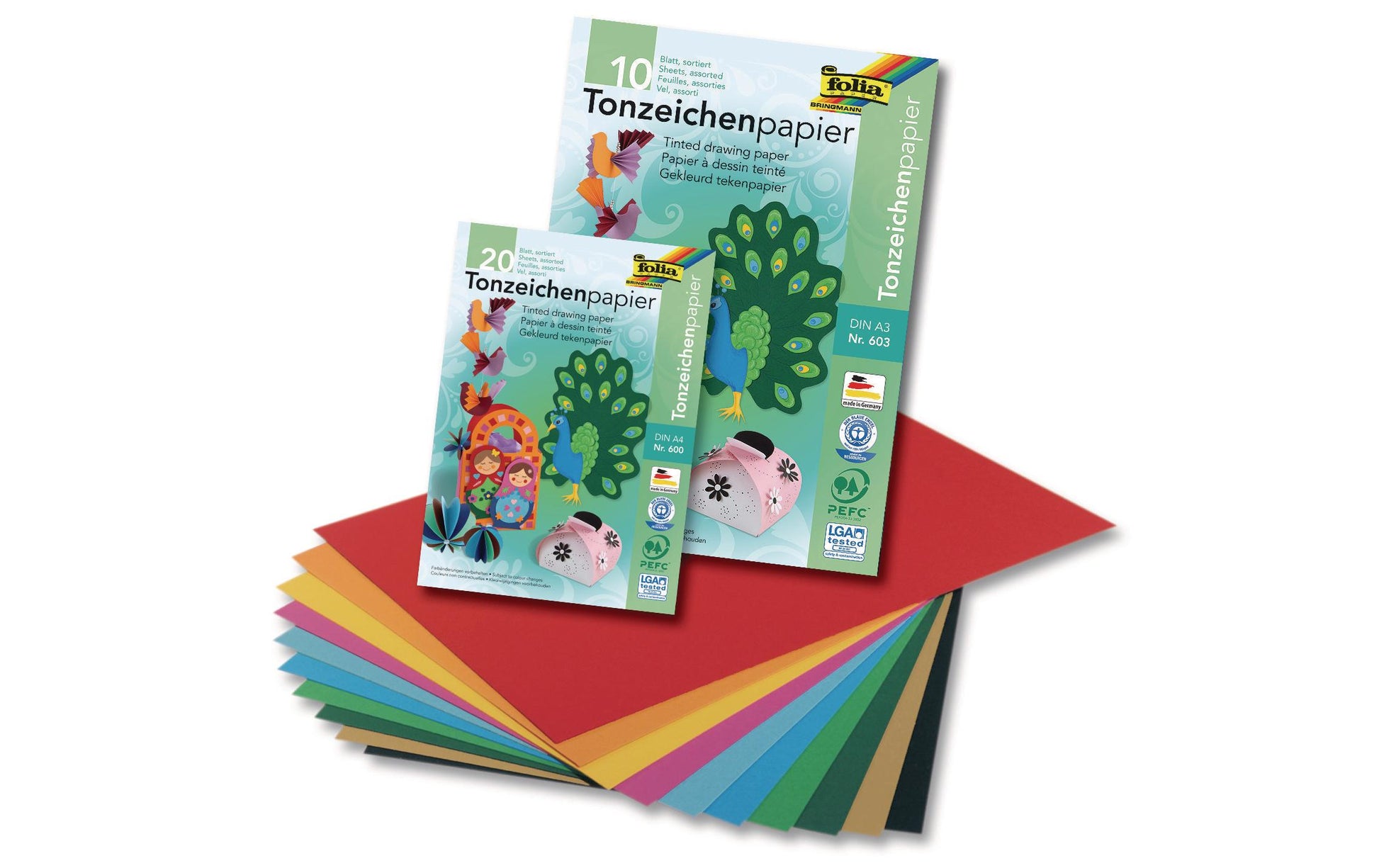 Folia Zeichenpapier A4, 130 g/m², 20 Blatt, mehrfarbig, matt, strukturiert, geleimt, säurefrei, PEFC