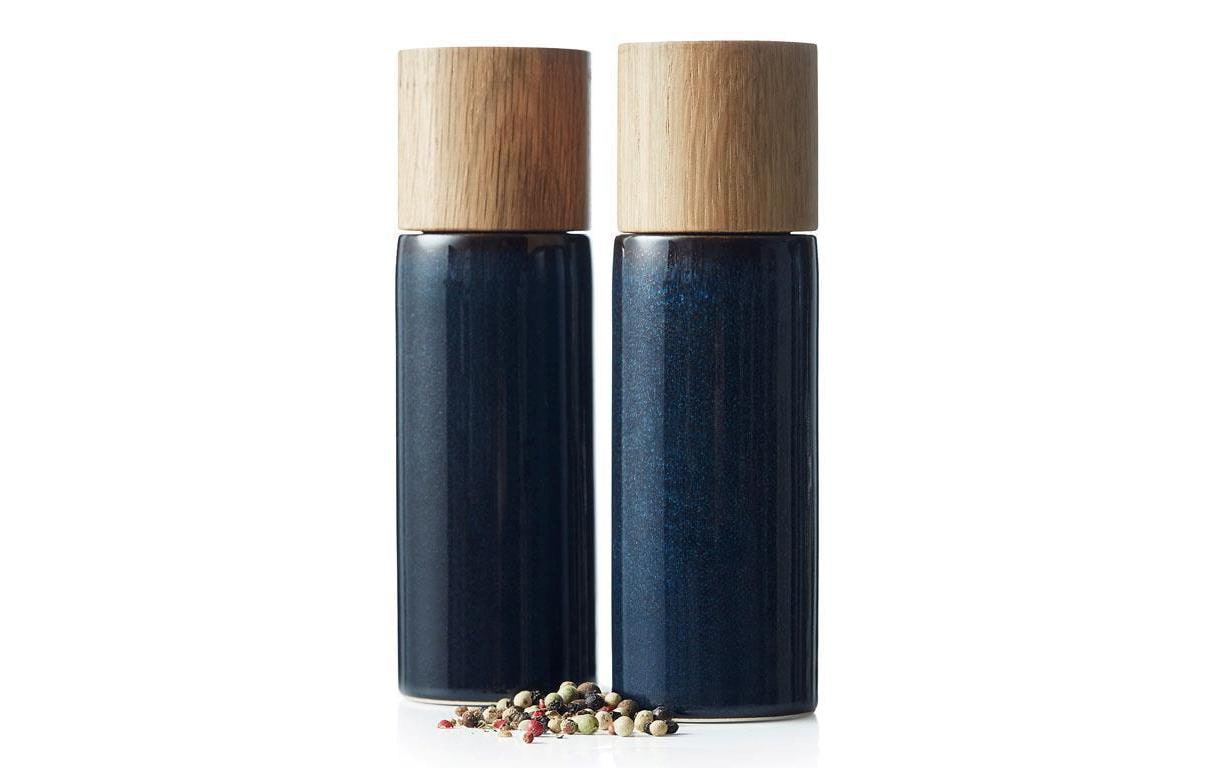 BITZ Salz- und Pfeffermühle 16,7 cm, Eiche/Keramik, Dunkelblau, 2er-Set