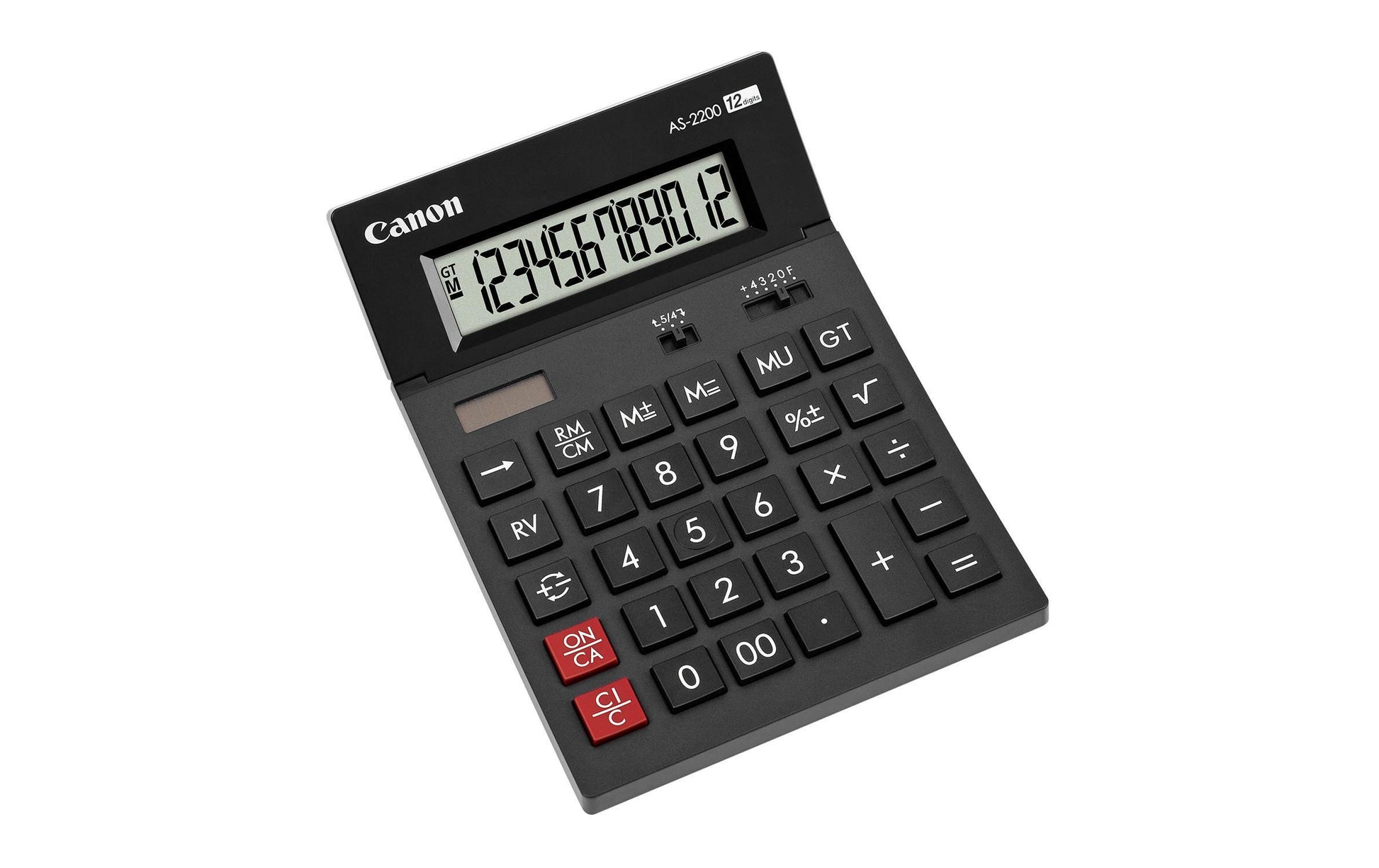 Canon Tischrechner AS-2200 – 12-stellig, LCD, Prozent/Rundung, Solar + Batterie, Schwarz