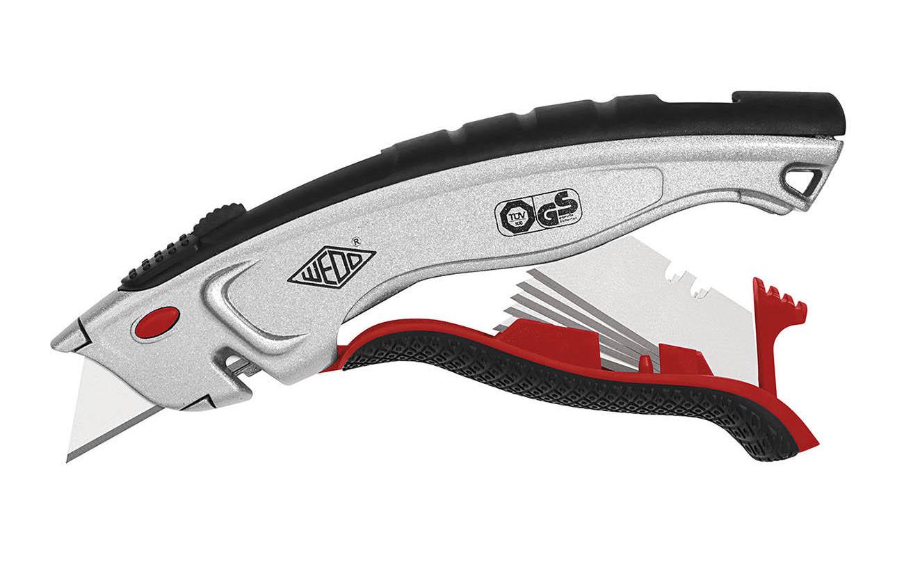 Wedo Profi P – Sicherheitsmesser mit 25 mm Trapezklinge, TÜV/GS, Edelstahl, Schwarz/Silber