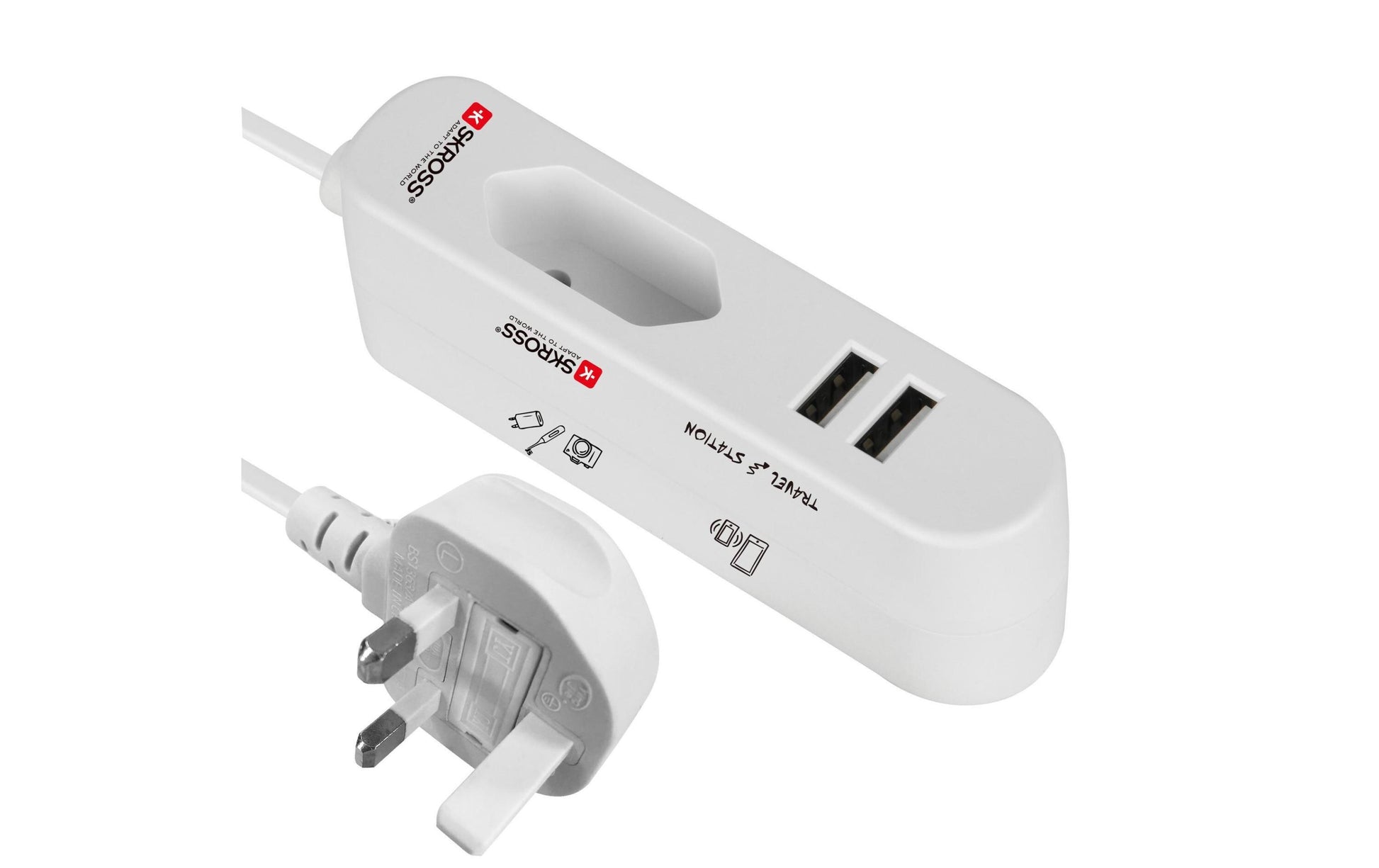 Skross Steckdosenleiste Travel Station – 1× EU-Dose, UK-Stecker, 2× USB 2,1 A, 1,5 m Kabel – Weiss