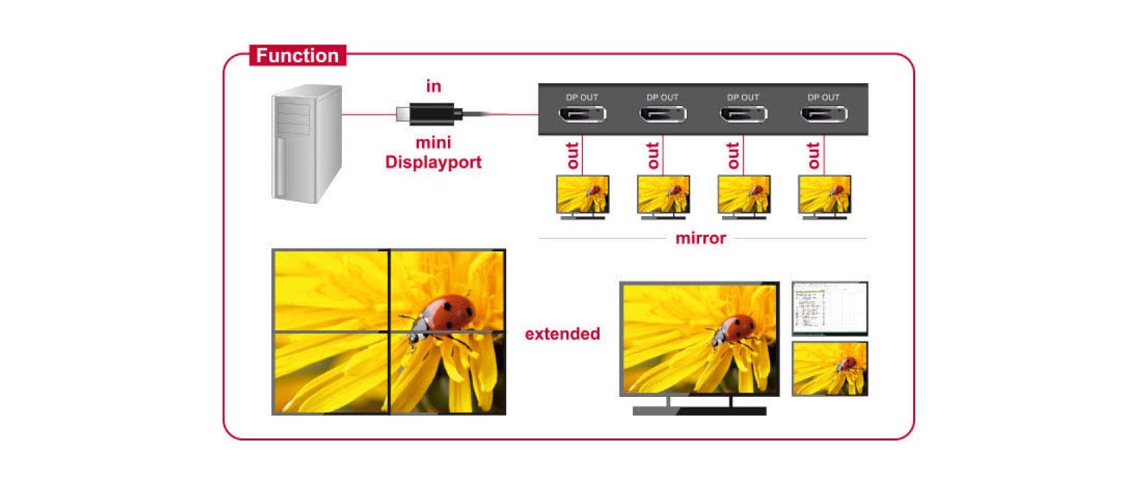 DeLOCK 87693 – Mini DisplayPort Splitter – 4× DisplayPort Ausgänge, 4K UHD – für Mini DisplayPort – Schwarz
