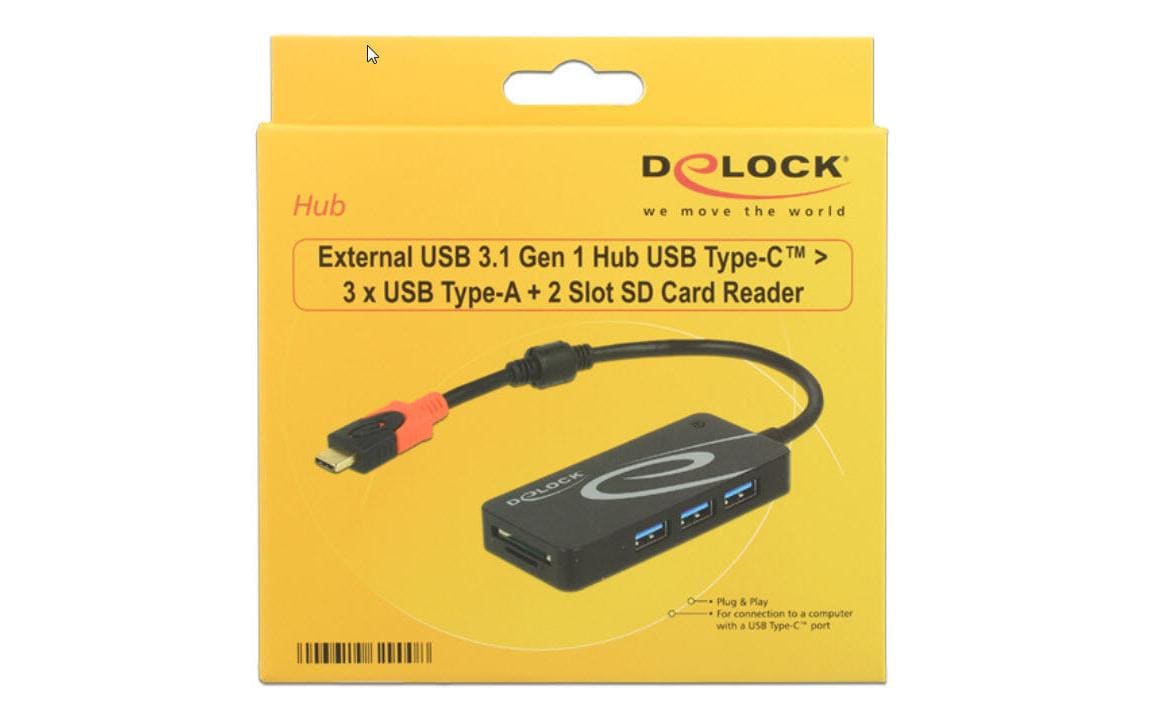 DeLOCK USB-Hub – USB-C, 3× USB-A, SD/microSD, für Windows/Mac/Linux
